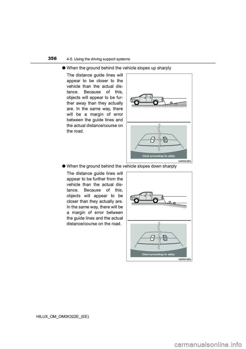 TOYOTA HILUX 2017  Owners Manual (in English) 3564-5. Using the driving support systems
HILUX_OM_OM0K322E_(EE)
●When the ground behind the vehicle slopes up sharply 
The distance guide lines will 
appear to be closer to the 
vehicle than the ac
