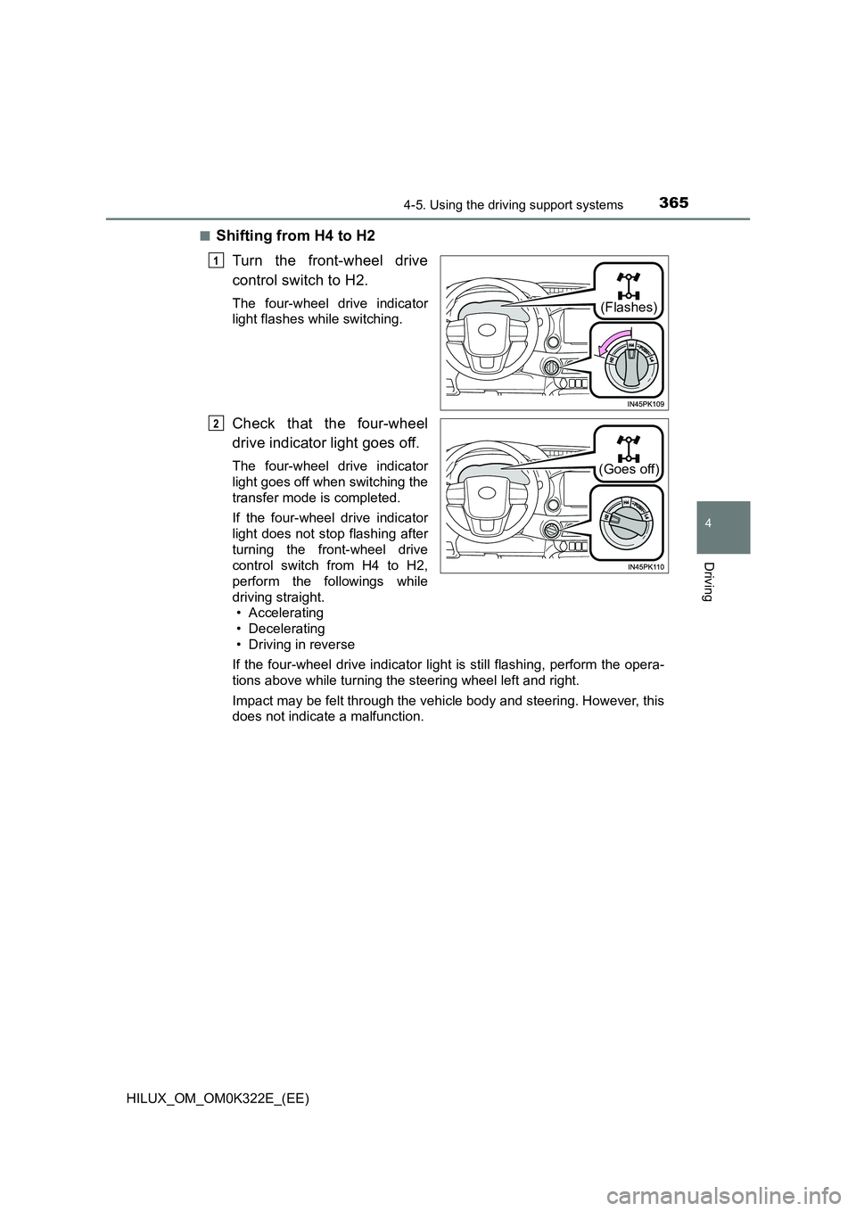 TOYOTA HILUX 2017  Owners Manual (in English) 3654-5. Using the driving support systems
4
Driving
HILUX_OM_OM0K322E_(EE) 
■Shifting from H4 to H2 
Turn the front-wheel drive 
control switch to H2.
The four-wheel drive indicator 
light flashes w