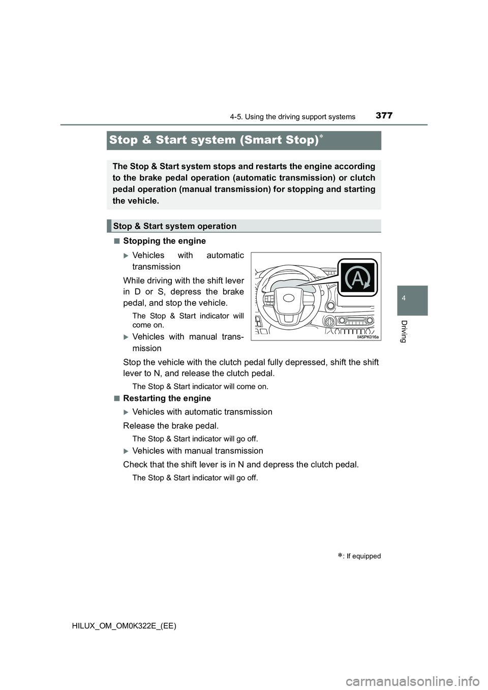 TOYOTA HILUX 2017 Owners Manual (in English) 377
4
4-5. Using the driving support systems
Driving
HILUX_OM_OM0K322E_(EE)
Stop & Start system (Smart Stop)
■Stopping the engine
Vehicles with automatic
transmission
While driving with the TOYOTA HILUX 2017 Owners Manual (in English) 377
4
4-5. Using the driving support systems
Driving
HILUX_OM_OM0K322E_(EE)
Stop & Start system (Smart Stop)
■Stopping the engine
Vehicles with automatic
transmission
While driving with the