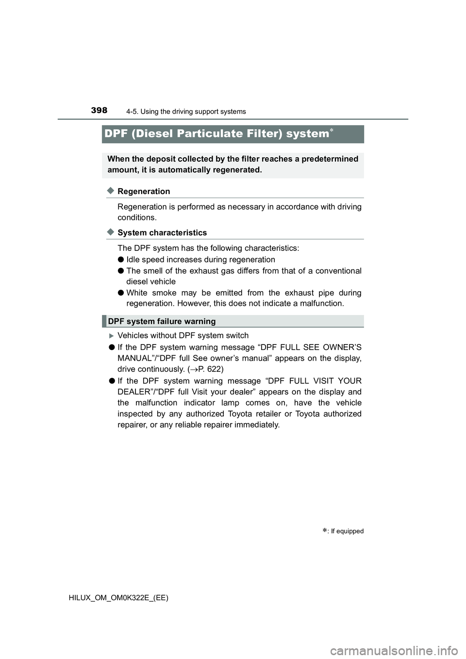 TOYOTA HILUX 2017 Owners Manual (in English) 3984-5. Using the driving support systems
HILUX_OM_OM0K322E_(EE)
DPF (Diesel Particulate Filter) system
◆Regeneration
Regeneration is performed as necessary in accordance with driving
condition TOYOTA HILUX 2017 Owners Manual (in English) 3984-5. Using the driving support systems
HILUX_OM_OM0K322E_(EE)
DPF (Diesel Particulate Filter) system
◆Regeneration
Regeneration is performed as necessary in accordance with driving
condition