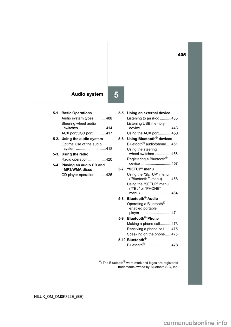 TOYOTA HILUX 2017 Owners Manual (in English) 405
5Audio system
HILUX_OM_OM0K322E_(EE)
5-1. Basic Operations
Audio system types ........... 406
Steering wheel audio
switches ........................... 414
AUX port/USB port ............ 417 TOYOTA HILUX 2017 Owners Manual (in English) 405
5Audio system
HILUX_OM_OM0K322E_(EE)
5-1. Basic Operations
Audio system types ........... 406
Steering wheel audio
switches ........................... 414
AUX port/USB port ............ 417