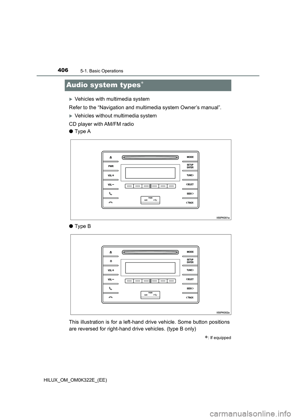 TOYOTA HILUX 2017  Owners Manual (in English) 4065-1. Basic Operations
HILUX_OM_OM0K322E_(EE)
Audio system types
Vehicles with multimedia system 
Refer to the “Navigation and multimedia system Owner’s manual”.
Vehicles without mult