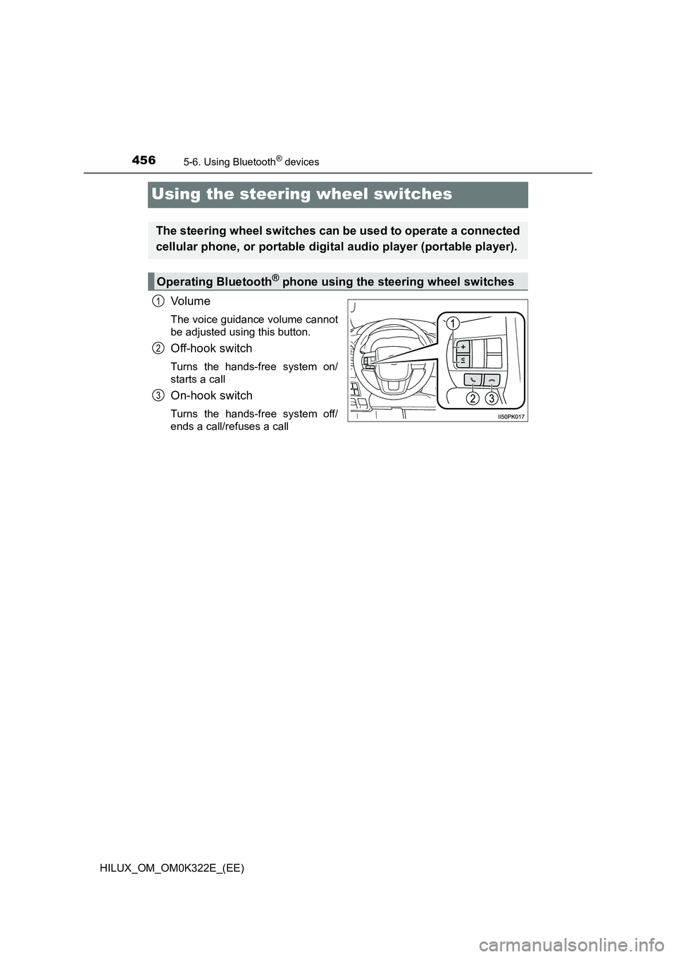 TOYOTA HILUX 2017  Owners Manual (in English) 4565-6. Using Bluetooth® devices
HILUX_OM_OM0K322E_(EE)
Using the steering wheel switches
Vo lu m e
The voice guidance volume cannot 
be adjusted using this button.
Off-hook switch
Turns the hands-fr