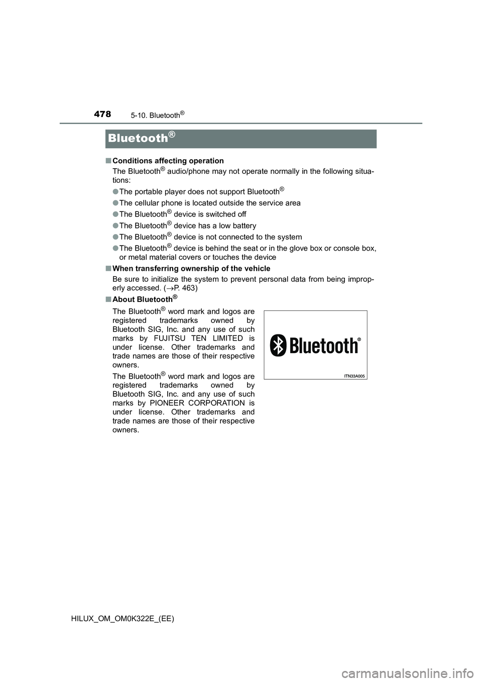 TOYOTA HILUX 2017 Owners Manual (in English) 4785-10. Bluetooth®
HILUX_OM_OM0K322E_(EE)
Bluetooth®
■Conditions affecting operation
The Bluetooth® audio/phone may not operate normally in the following situa-
tions:
● The portable player TOYOTA HILUX 2017 Owners Manual (in English) 4785-10. Bluetooth®
HILUX_OM_OM0K322E_(EE)
Bluetooth®
■Conditions affecting operation
The Bluetooth® audio/phone may not operate normally in the following situa-
tions:
● The portable player