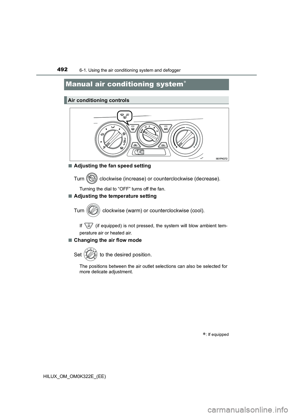 TOYOTA HILUX 2017  Owners Manual (in English) 4926-1. Using the air conditioning system and defogger
HILUX_OM_OM0K322E_(EE)
Manual air conditioning system
■Adjusting the fan speed setting 
Turn   clockwise (increase) or counterclockwise (dec