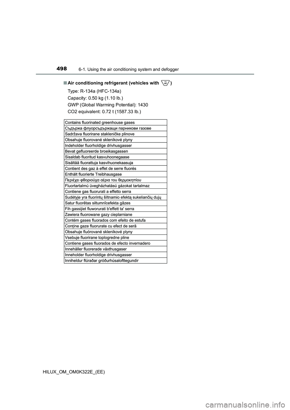 TOYOTA HILUX 2017  Owners Manual (in English) 4986-1. Using the air conditioning system and defogger
HILUX_OM_OM0K322E_(EE) 
■ Air conditioning refrigerant (vehicles with  ) 
Type: R-134a (HFC-134a) 
Capacity: 0.50 kg (1.10 lb.) 
GWP (Global Wa