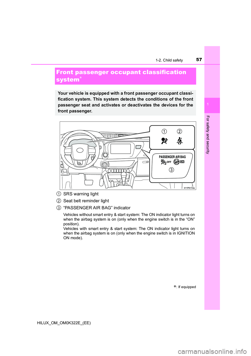 TOYOTA HILUX 2017  Owners Manual (in English) 571-2. Child safety
1
HILUX_OM_OM0K322E_(EE)
For safety and security
Front passenger occupant classification  
system
SRS warning light 
Seat belt reminder light 
“PASSENGER AIR  BAG”  indicato