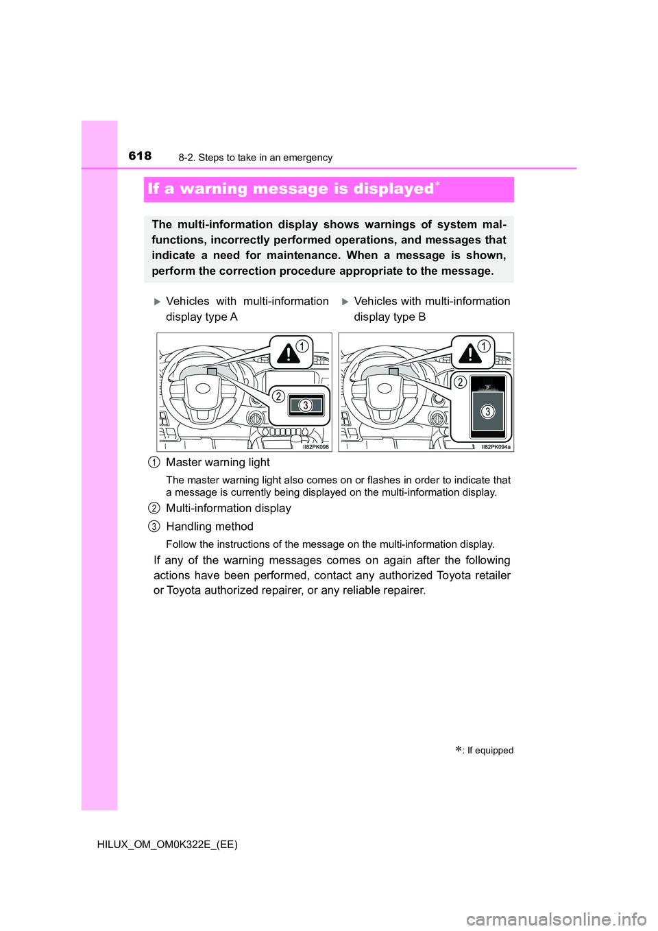 TOYOTA HILUX 2017  Owners Manual (in English) 6188-2. Steps to take in an emergency
HILUX_OM_OM0K322E_(EE)
If a warning message is displayed
Master warning light
The master warning light also comes on or flashes in order to indicate that 
a me