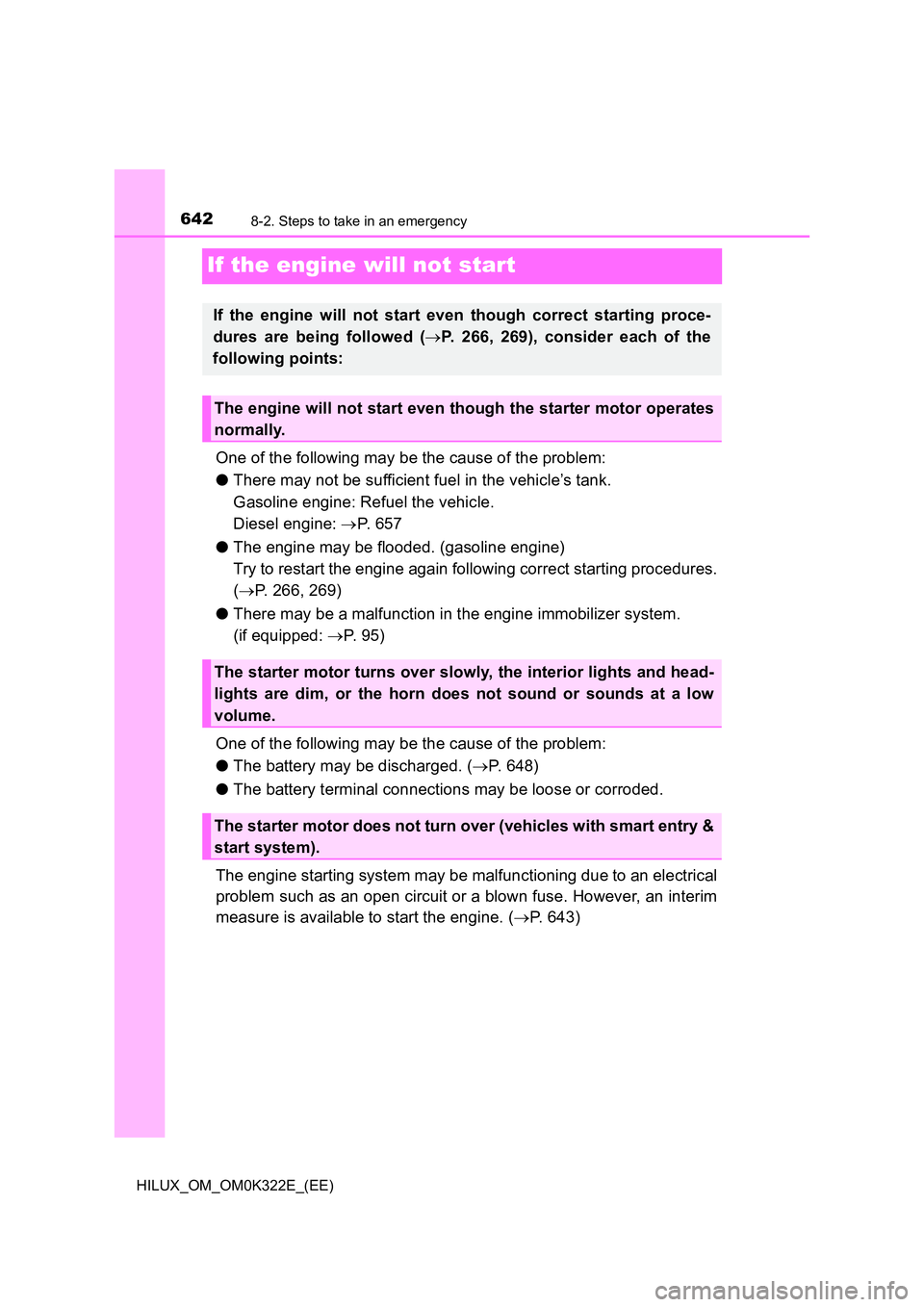 TOYOTA HILUX 2017 Owners Manual (in English) 6428-2. Steps to take in an emergency
HILUX_OM_OM0K322E_(EE)
If the engine will not start
One of the following may be the cause of the problem:
● There may not be sufficient fuel in the vehicle’s TOYOTA HILUX 2017 Owners Manual (in English) 6428-2. Steps to take in an emergency
HILUX_OM_OM0K322E_(EE)
If the engine will not start
One of the following may be the cause of the problem:
● There may not be sufficient fuel in the vehicle’s