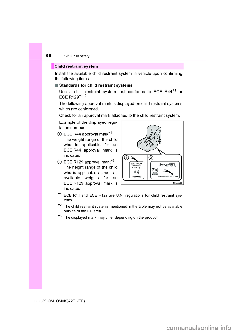 TOYOTA HILUX 2017  Owners Manual (in English) 681-2. Child safety
HILUX_OM_OM0K322E_(EE)
Install the available child restraint system in vehicle upon confirming 
the following items.
■Standards for child restraint systems 
Use a child restraint