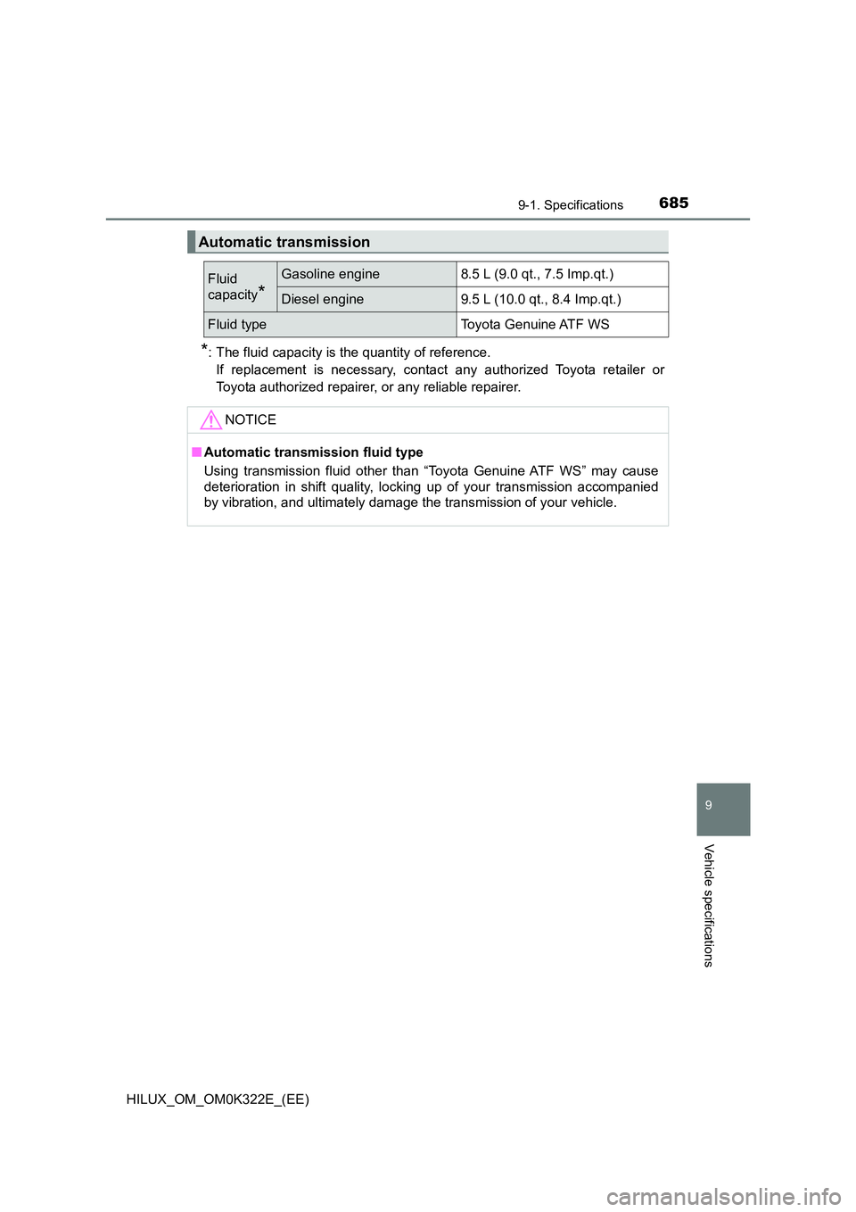 TOYOTA HILUX 2017  Owners Manual (in English) 685
9
9-1. Specifications
Vehicle specifications
HILUX_OM_OM0K322E_(EE)
*: The fluid capacity is the quantity of reference. 
If replacement is necessary, contact any authorized Toyota retailer or
Toyo