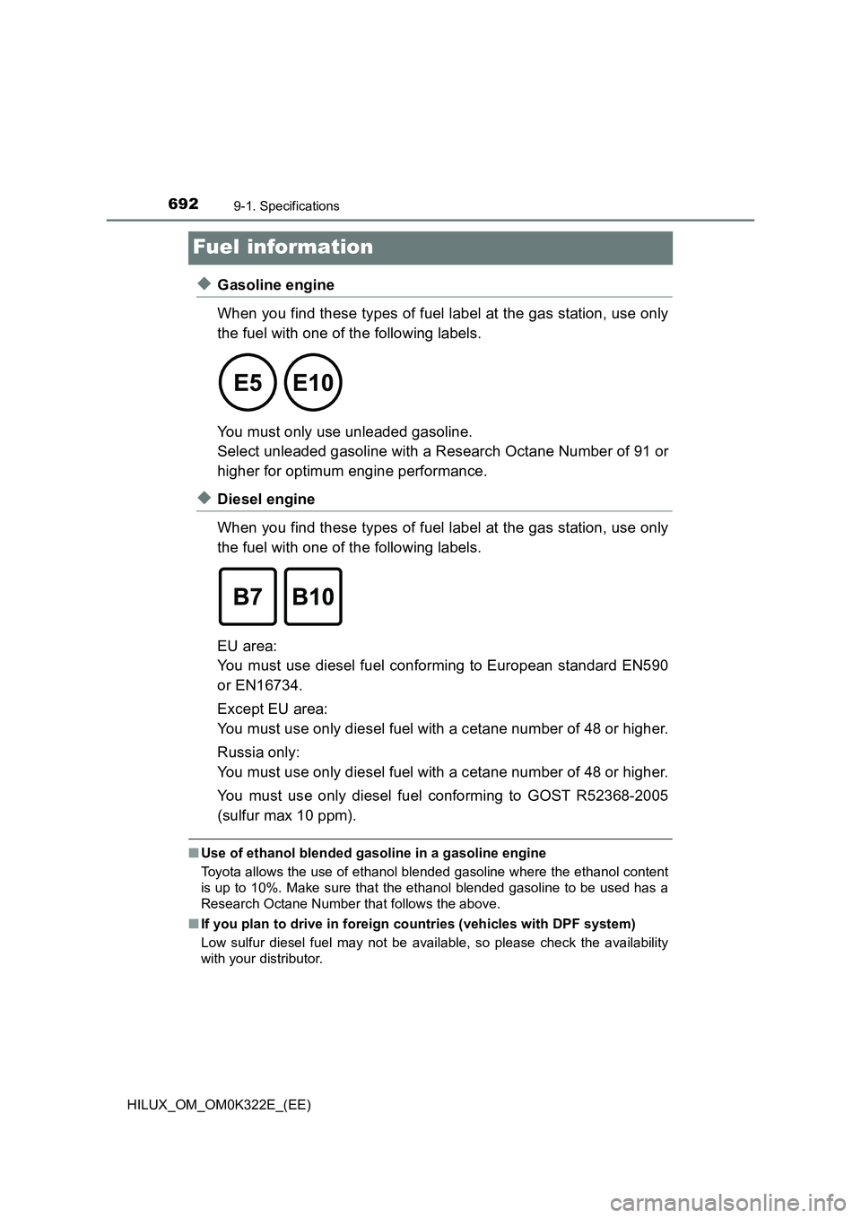 TOYOTA HILUX 2017 Owners Manual (in English) 6929-1. Specifications
HILUX_OM_OM0K322E_(EE)
Fuel information
◆Gasoline engine
When you find these types of fuel label at the gas station, use only
the fuel with one of the following labels.
TOYOTA HILUX 2017 Owners Manual (in English) 6929-1. Specifications
HILUX_OM_OM0K322E_(EE)
Fuel information
◆Gasoline engine
When you find these types of fuel label at the gas station, use only
the fuel with one of the following labels.