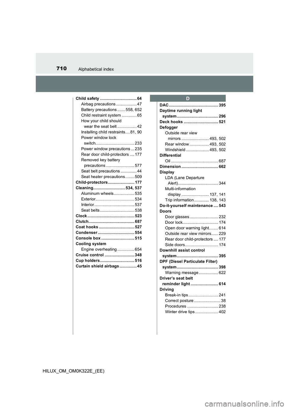 TOYOTA HILUX 2017 Owners Manual (in English) 710Alphabetical index
HILUX_OM_OM0K322E_(EE)
Child safety ................................ 64
Airbag precautions .................. 47
Battery precautions ....... 558, 652
Child restraint system .... TOYOTA HILUX 2017 Owners Manual (in English) 710Alphabetical index
HILUX_OM_OM0K322E_(EE)
Child safety ................................ 64
Airbag precautions .................. 47
Battery precautions ....... 558, 652
Child restraint system ....