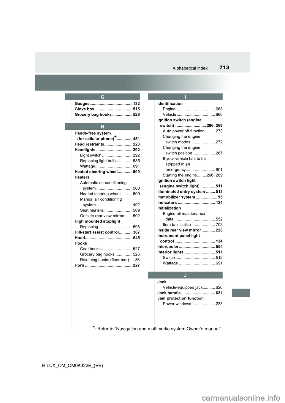 TOYOTA HILUX 2017 Owners Manual (in English) 713Alphabetical index
HILUX_OM_OM0K322E_(EE)
Gauges...................................... 132
Glove box ................................. 515
Grocery bag hooks .................. 526
Hands-free sys TOYOTA HILUX 2017 Owners Manual (in English) 713Alphabetical index
HILUX_OM_OM0K322E_(EE)
Gauges...................................... 132
Glove box ................................. 515
Grocery bag hooks .................. 526
Hands-free sys