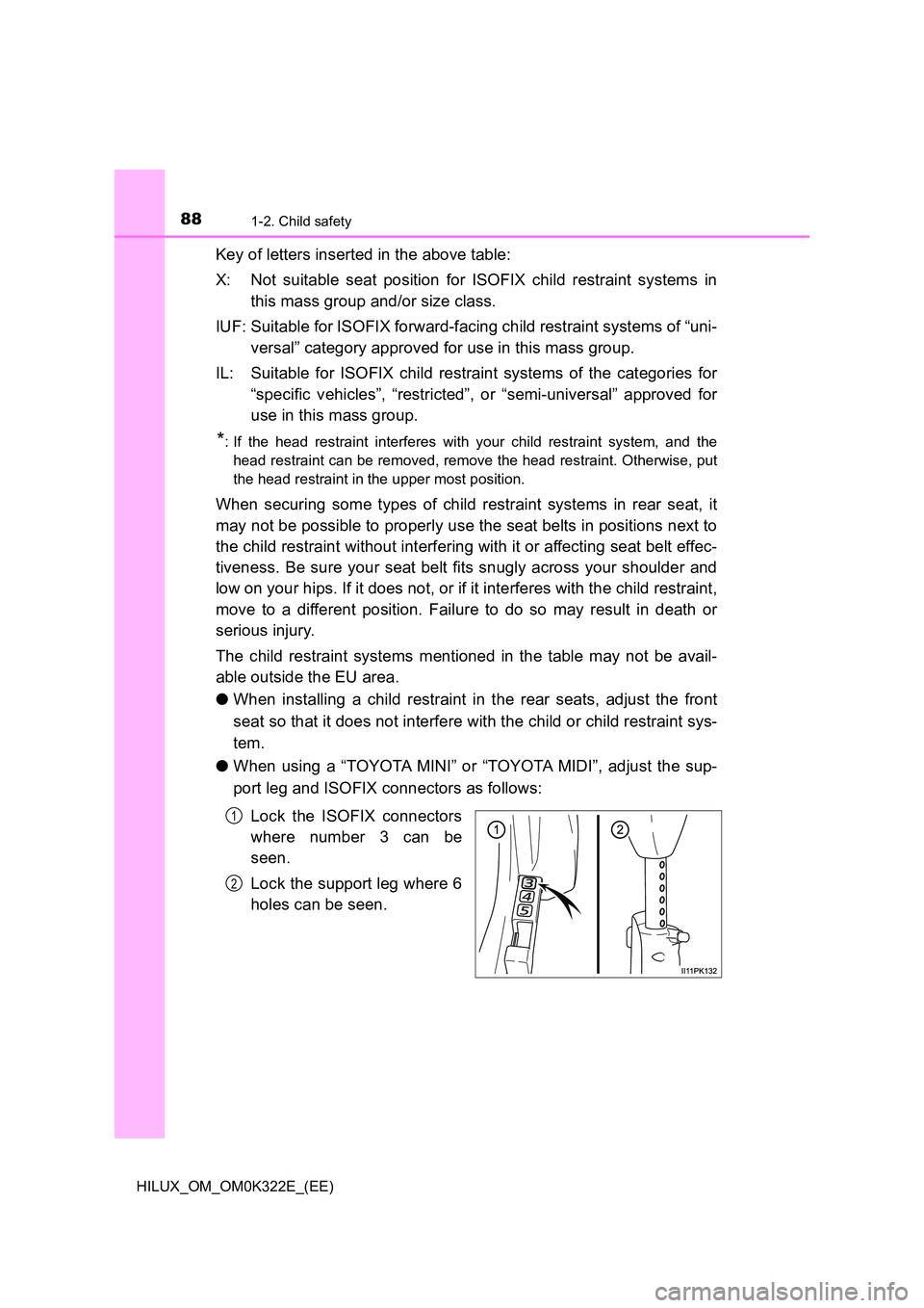 TOYOTA HILUX 2017  Owners Manual (in English) 881-2. Child safety
HILUX_OM_OM0K322E_(EE)
Key of letters inserted in the above table: 
X: Not suitable seat position for ISOFIX child restraint systems in 
this mass group and/or size class. 
IUF: Su