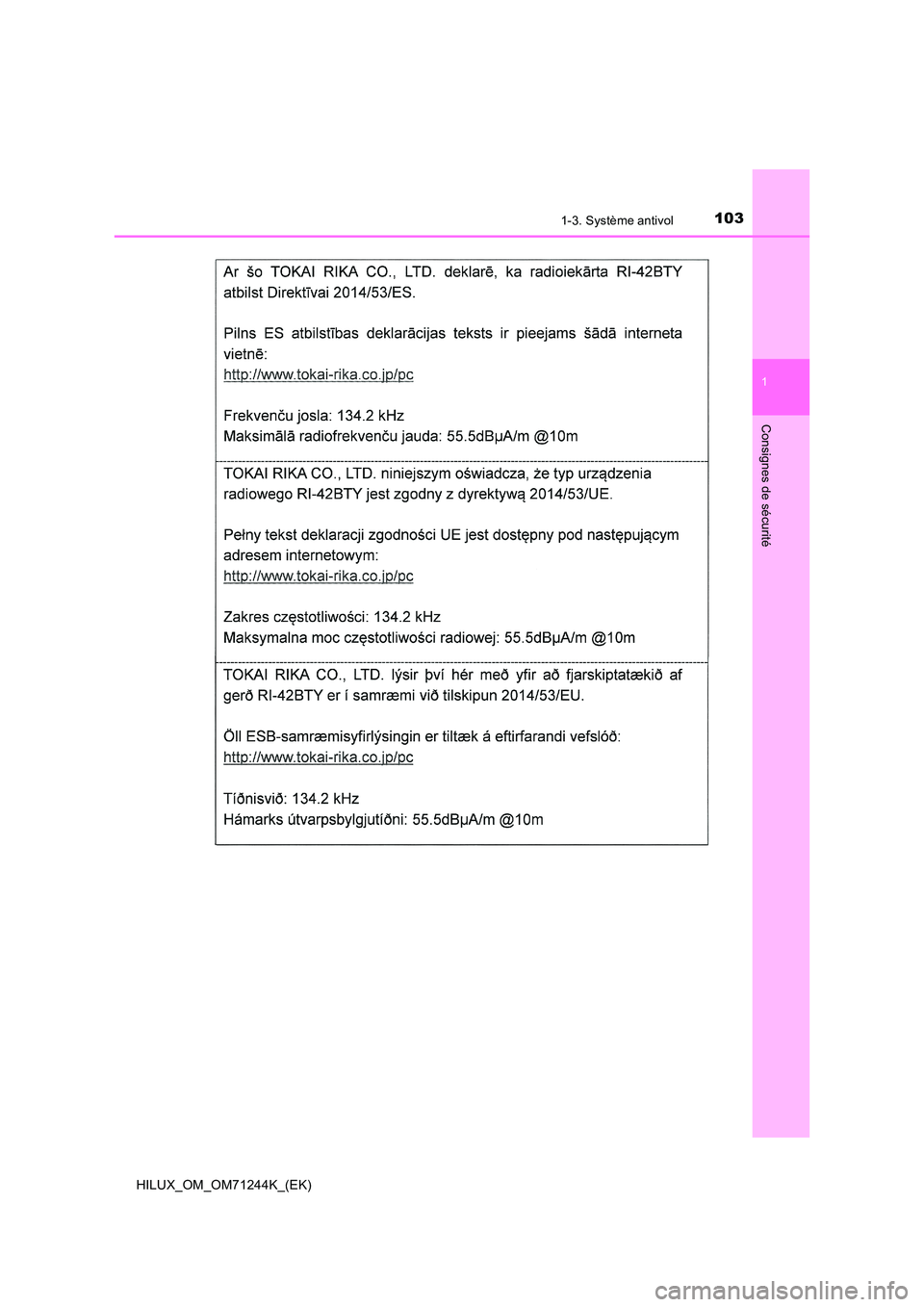 TOYOTA HILUX 2017  Notices Demploi (in French) 1031-3. Système antivol
1
HILUX_OM_OM71244K_(EK)
Consignes de sécurité 