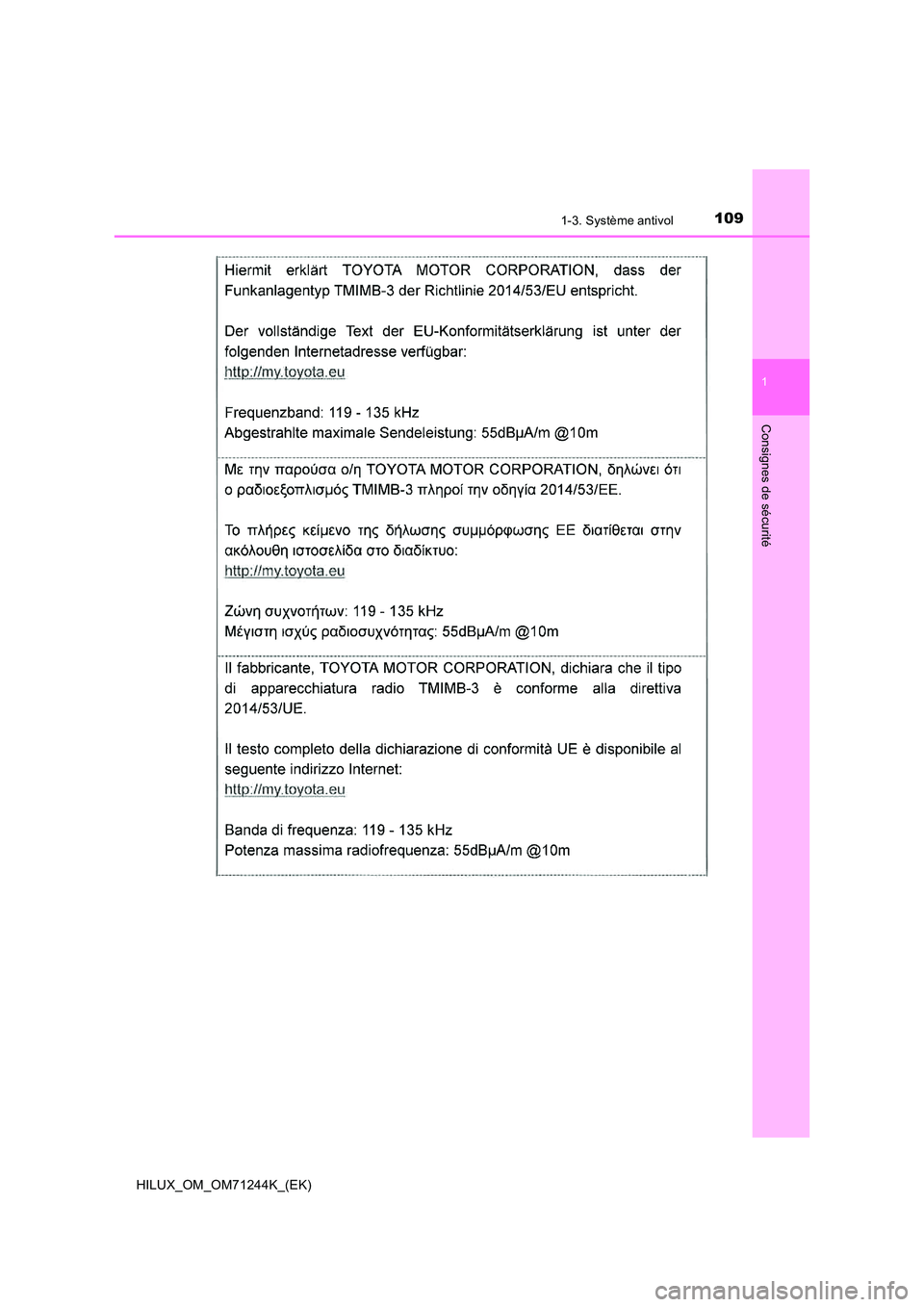 TOYOTA HILUX 2017  Notices Demploi (in French) 1091-3. Système antivol
1
HILUX_OM_OM71244K_(EK)
Consignes de sécurité 