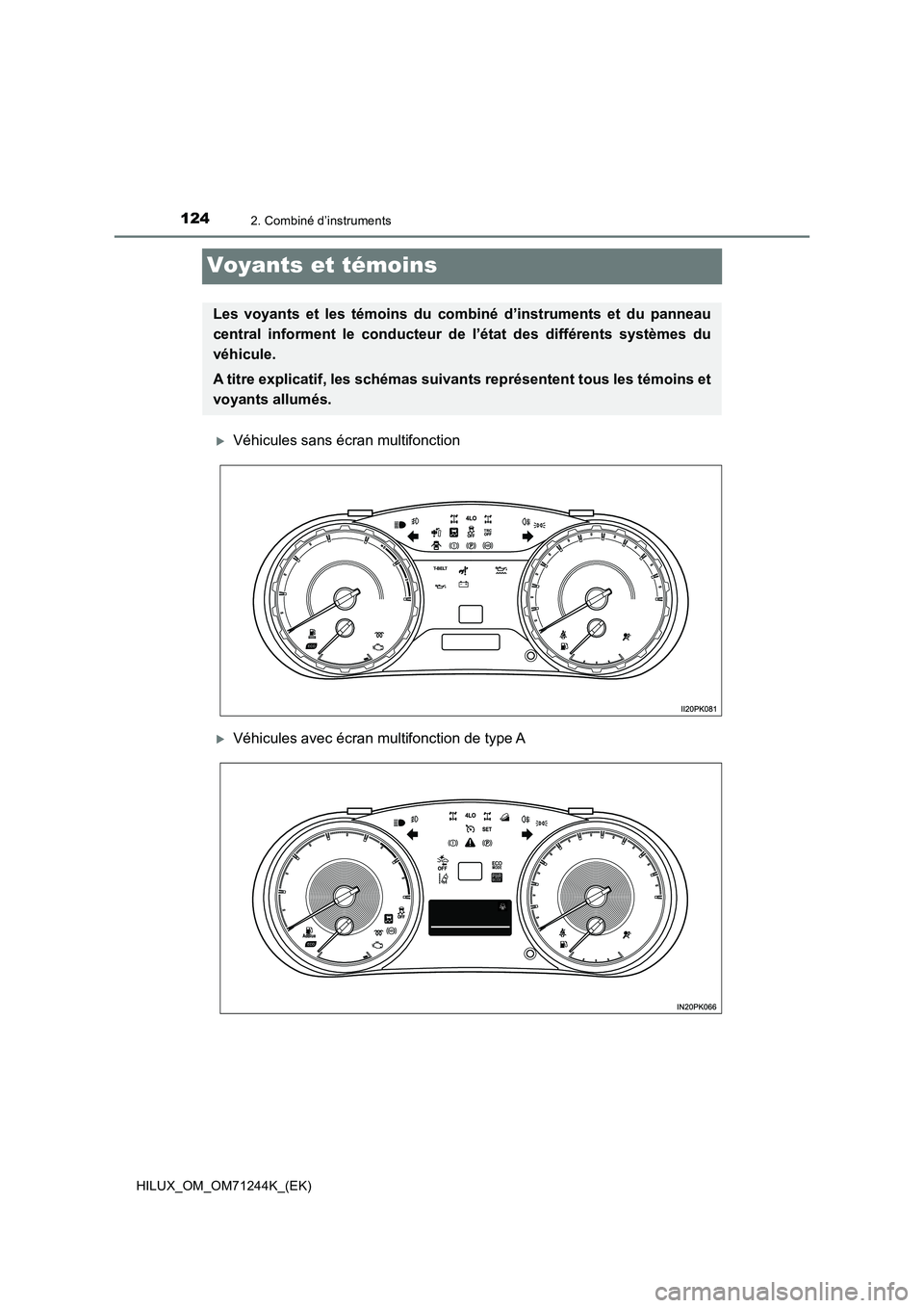 TOYOTA HILUX 2017  Notices Demploi (in French) 1242. Combiné d’instruments
HILUX_OM_OM71244K_(EK)
Voyants et témoins
Véhicules sans écran multifonction
Véhicules avec écran multifonction de type A
Les voyants et les témoins du combi