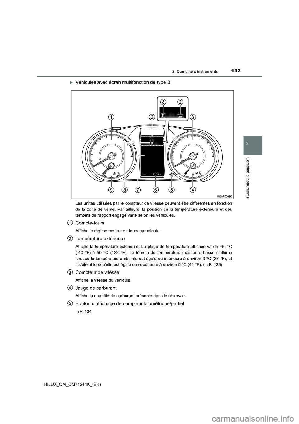 TOYOTA HILUX 2017  Notices Demploi (in French) 1332. Combiné d’instruments
2
Combiné d’instruments
HILUX_OM_OM71244K_(EK)
Véhicules avec écran multifonction de type B
Les unités utilisées par le compteur de vitesse peuvent être diff