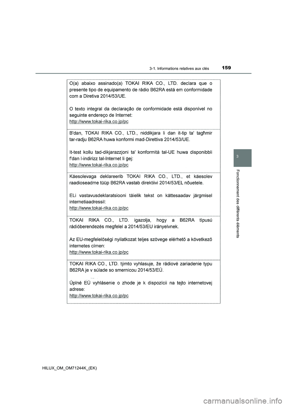 TOYOTA HILUX 2017  Notices Demploi (in French) 1593-1. Informations relatives aux clés
3
Fonctionnement des différents éléments
HILUX_OM_OM71244K_(EK) 