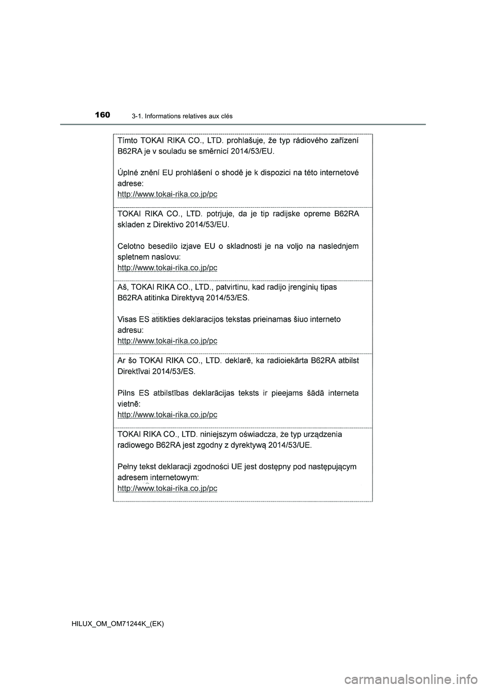 TOYOTA HILUX 2017  Notices Demploi (in French) 1603-1. Informations relatives aux clés
HILUX_OM_OM71244K_(EK) 