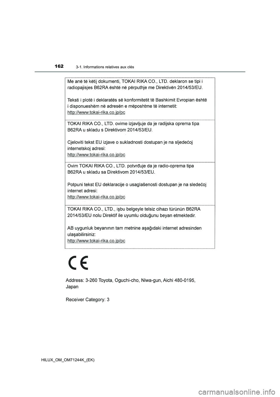 TOYOTA HILUX 2017  Notices Demploi (in French) 1623-1. Informations relatives aux clés
HILUX_OM_OM71244K_(EK) 