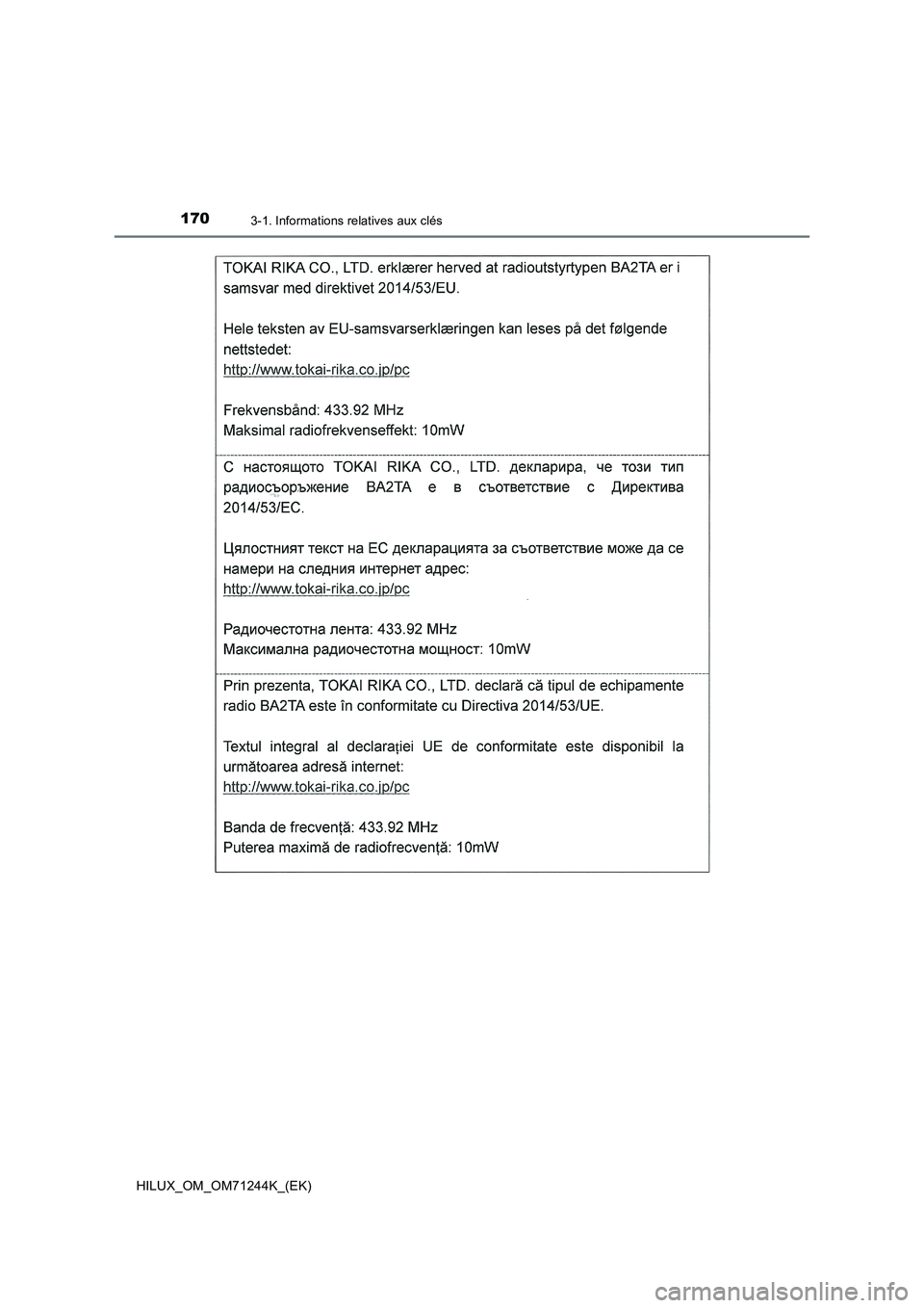 TOYOTA HILUX 2017  Notices Demploi (in French) 1703-1. Informations relatives aux clés
HILUX_OM_OM71244K_(EK) 