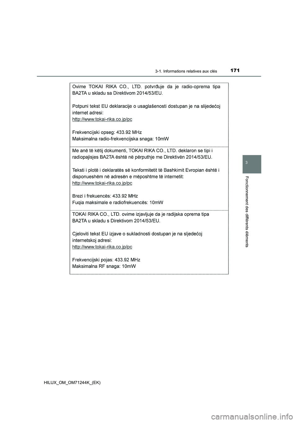 TOYOTA HILUX 2017  Notices Demploi (in French) 1713-1. Informations relatives aux clés
3
Fonctionnement des différents éléments
HILUX_OM_OM71244K_(EK) 