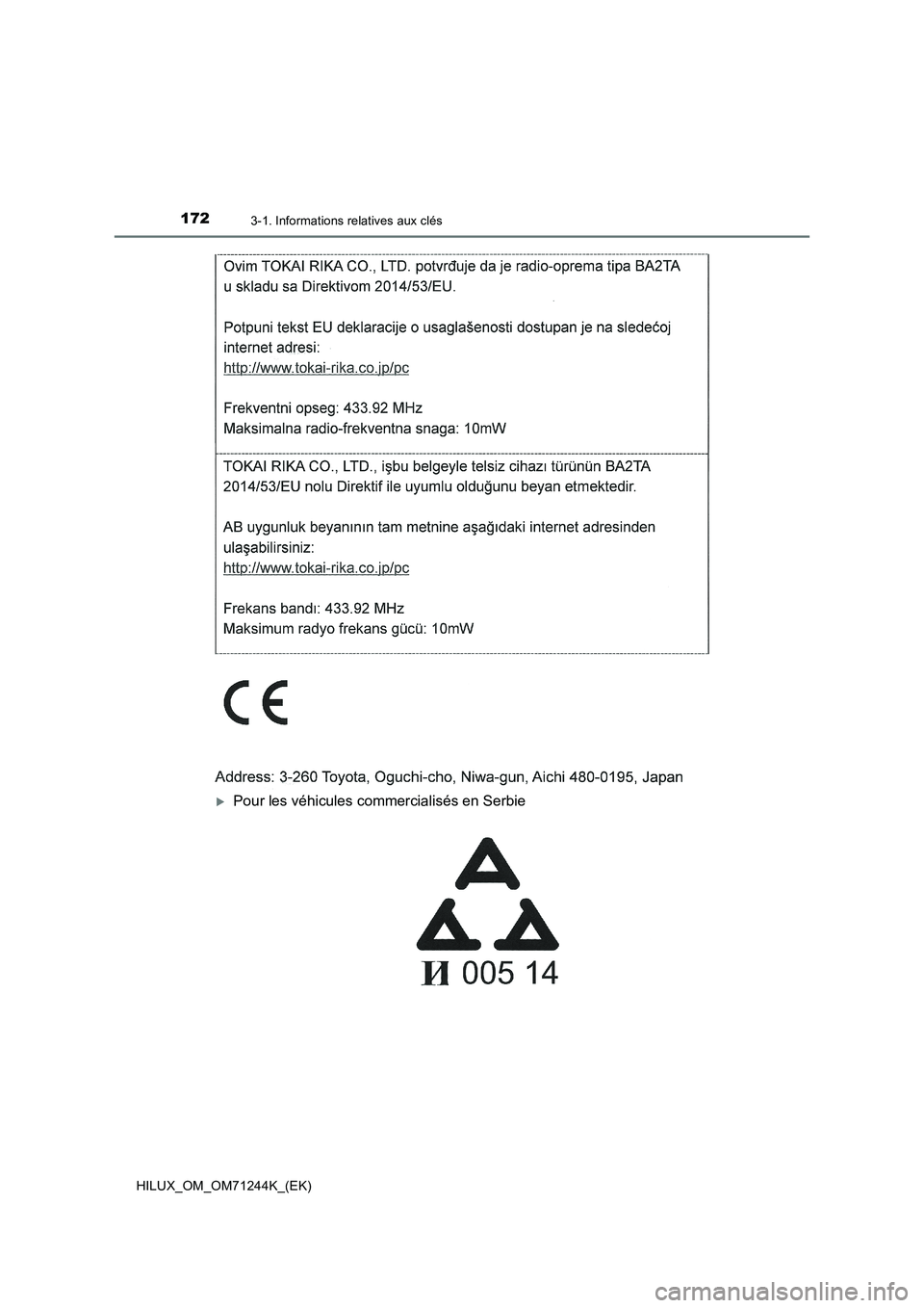 TOYOTA HILUX 2017  Notices Demploi (in French) 1723-1. Informations relatives aux clés
HILUX_OM_OM71244K_(EK)
Pour les véhicules commercialisés en Serbie 