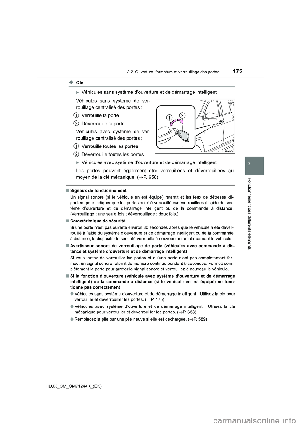 TOYOTA HILUX 2017 Notices Demploi (in French) 1753-2. Ouverture, fermeture et verrouillage des portes
3
Fonctionnement des différents éléments
HILUX_OM_OM71244K_(EK)
◆Clé
Véhicules sans système d’ouverture et de démarrage intelligen TOYOTA HILUX 2017 Notices Demploi (in French) 1753-2. Ouverture, fermeture et verrouillage des portes
3
Fonctionnement des différents éléments
HILUX_OM_OM71244K_(EK)
◆Clé
Véhicules sans système d’ouverture et de démarrage intelligen