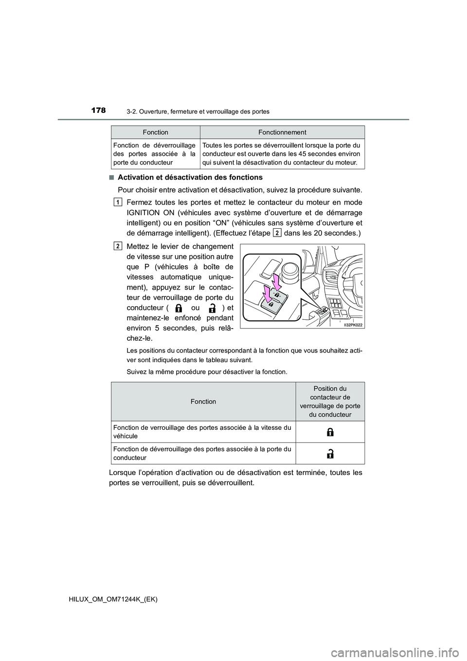 TOYOTA HILUX 2017 Notices Demploi (in French) 1783-2. Ouverture, fermeture et verrouillage des portes
HILUX_OM_OM71244K_(EK)■
Activation et désactivation des fonctions
Pour choisir entre activation et désactivation, suivez la procédure suiva TOYOTA HILUX 2017 Notices Demploi (in French) 1783-2. Ouverture, fermeture et verrouillage des portes
HILUX_OM_OM71244K_(EK)■
Activation et désactivation des fonctions
Pour choisir entre activation et désactivation, suivez la procédure suiva