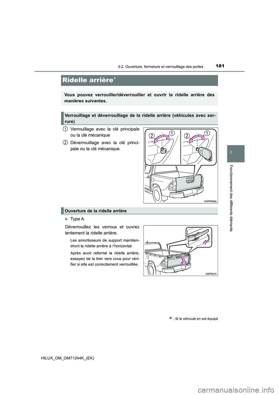 TOYOTA HILUX 2017  Notices Demploi (in French) 181
3
3-2. Ouverture, fermeture et verrouillage des portes
Fonctionnement des différents éléments
HILUX_OM_OM71244K_(EK)
Ridelle arrière
Verrouillage avec la clé principale
ou la clé mécaniq