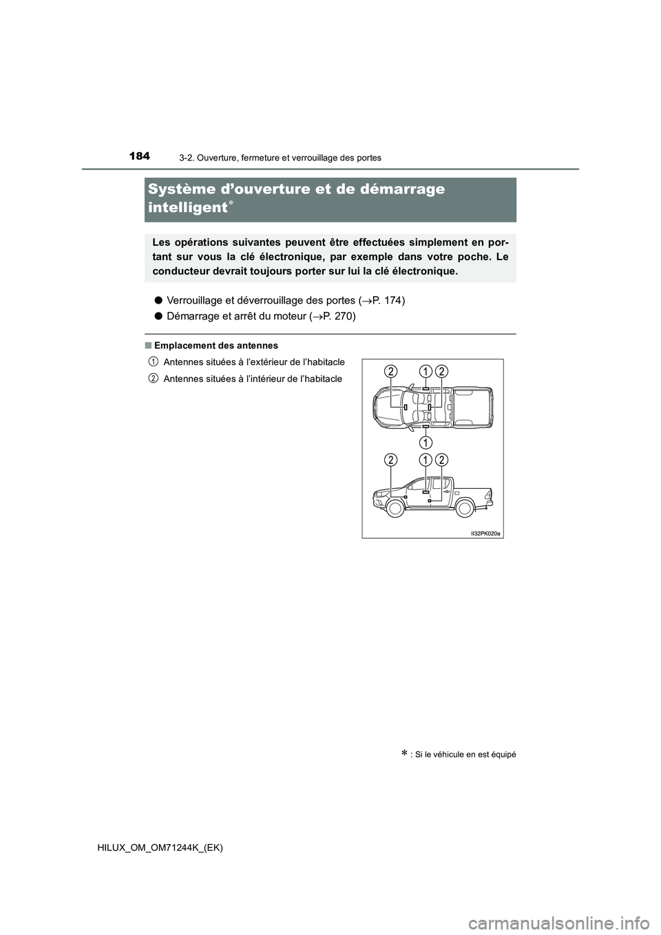 TOYOTA HILUX 2017  Notices Demploi (in French) 1843-2. Ouverture, fermeture et verrouillage des portes
HILUX_OM_OM71244K_(EK)
Système d’ouverture et de démarrage  
intelligent
● Verrouillage et déverrouillage des portes (P. 174) 
● 