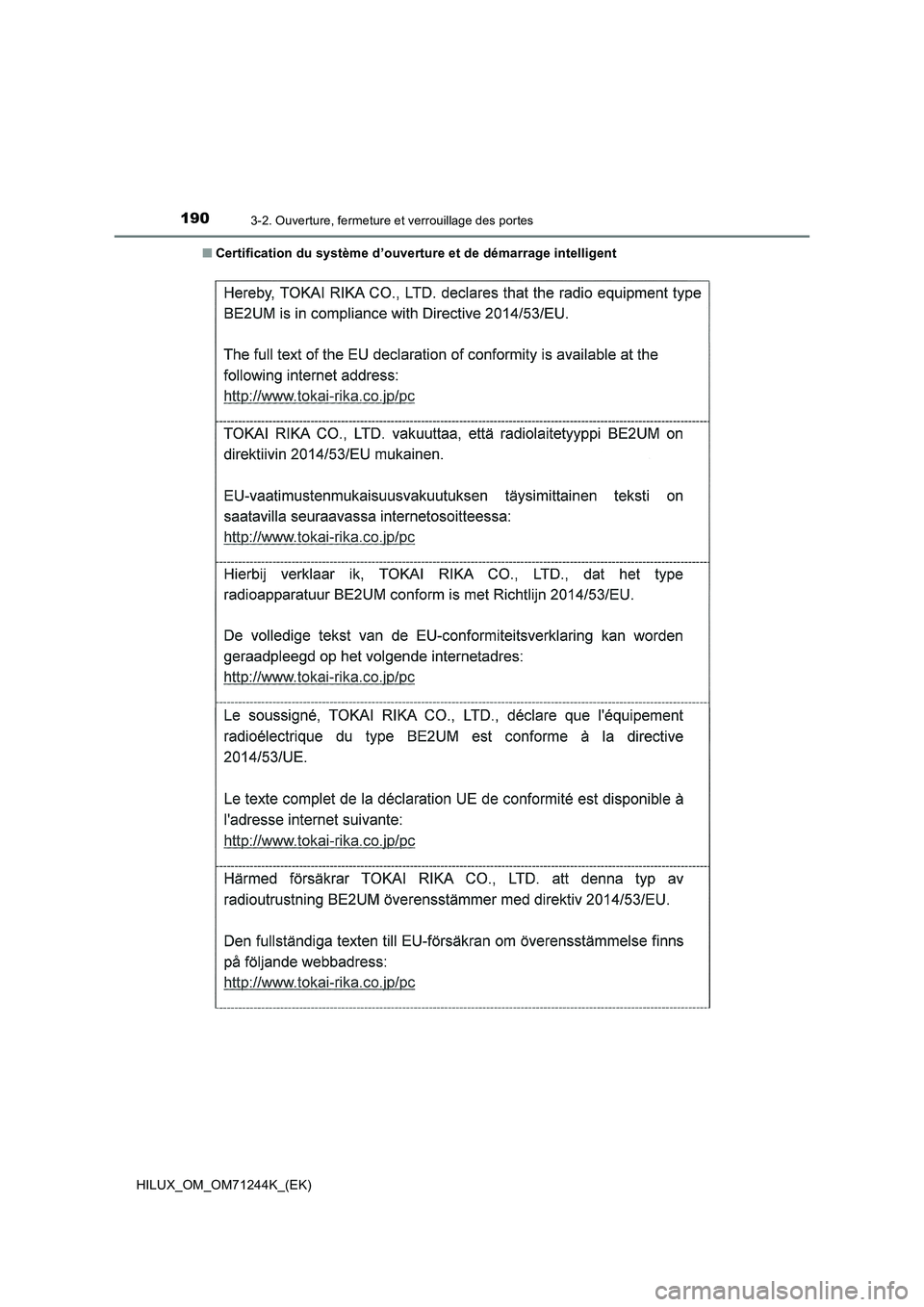 TOYOTA HILUX 2017  Notices Demploi (in French) 1903-2. Ouverture, fermeture et verrouillage des portes
HILUX_OM_OM71244K_(EK)■Certification du système d’ouverture et de démarrage intelligent 