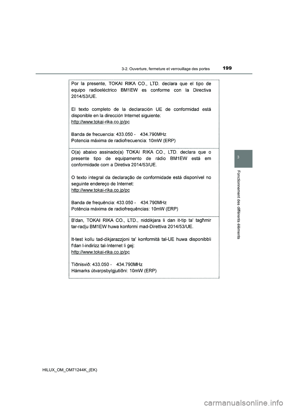 TOYOTA HILUX 2017  Notices Demploi (in French) 1993-2. Ouverture, fermeture et verrouillage des portes
3
Fonctionnement des différents éléments
HILUX_OM_OM71244K_(EK) 