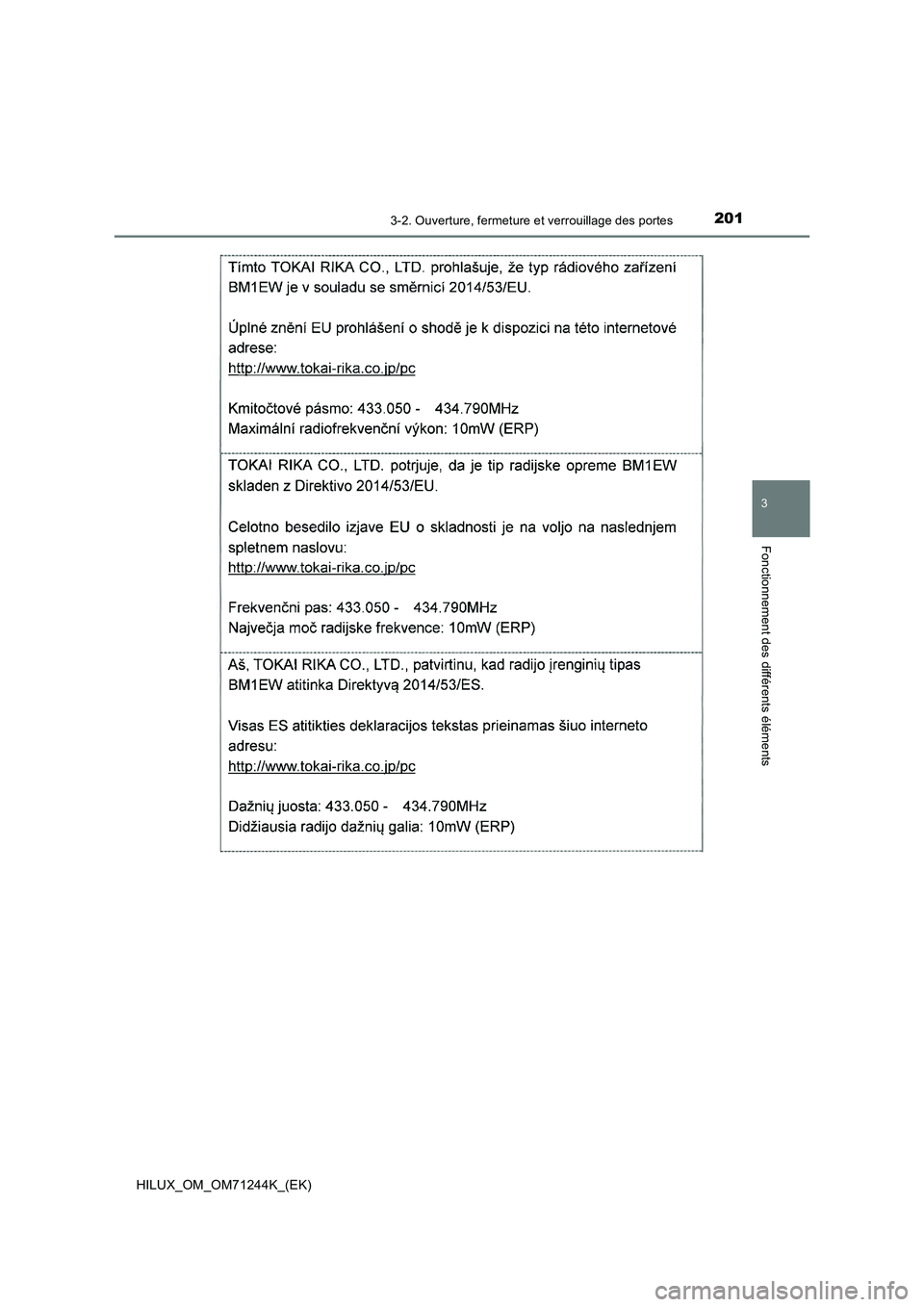 TOYOTA HILUX 2017  Notices Demploi (in French) 2013-2. Ouverture, fermeture et verrouillage des portes
3
Fonctionnement des différents éléments
HILUX_OM_OM71244K_(EK) 