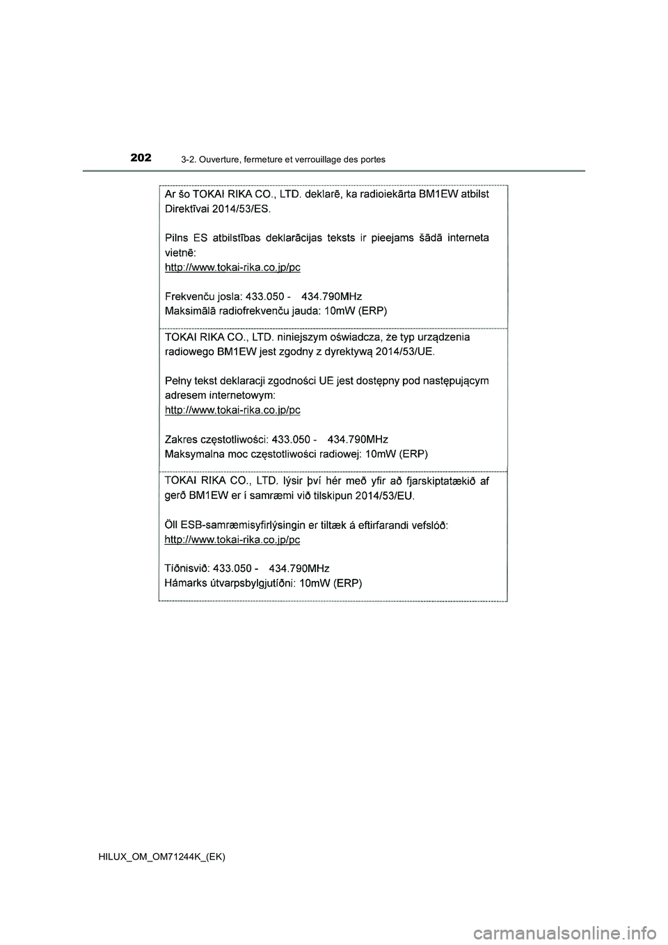 TOYOTA HILUX 2017  Notices Demploi (in French) 2023-2. Ouverture, fermeture et verrouillage des portes
HILUX_OM_OM71244K_(EK) 