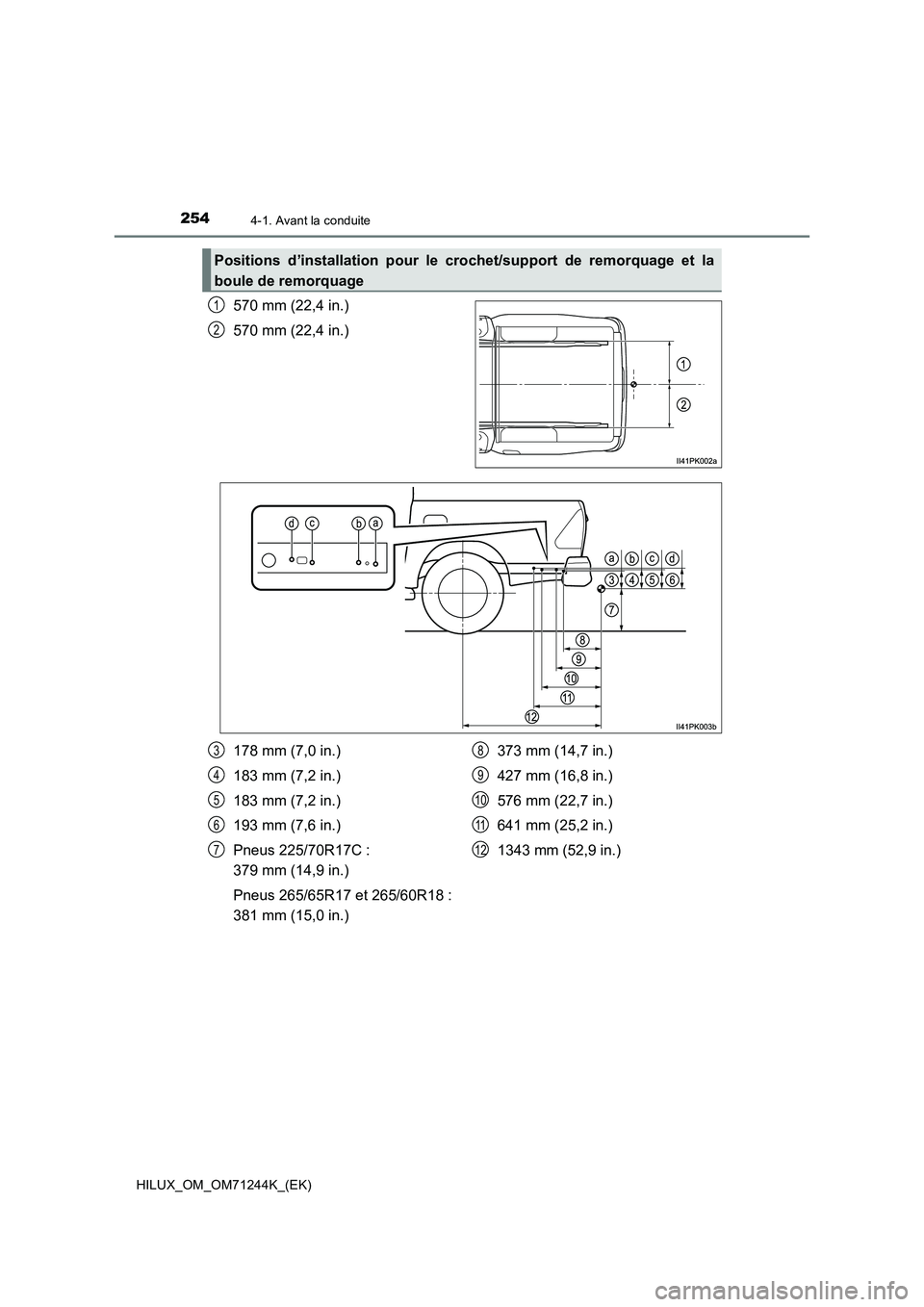 TOYOTA HILUX 2017  Notices Demploi (in French) 2544-1. Avant la conduite
HILUX_OM_OM71244K_(EK)
570 mm (22,4 in.)
570 mm (22,4 in.)
Positions d’installation pour le crochet/support de remorquage et la
boule de remorquage
1
2
178 mm (7,0 in.)
183