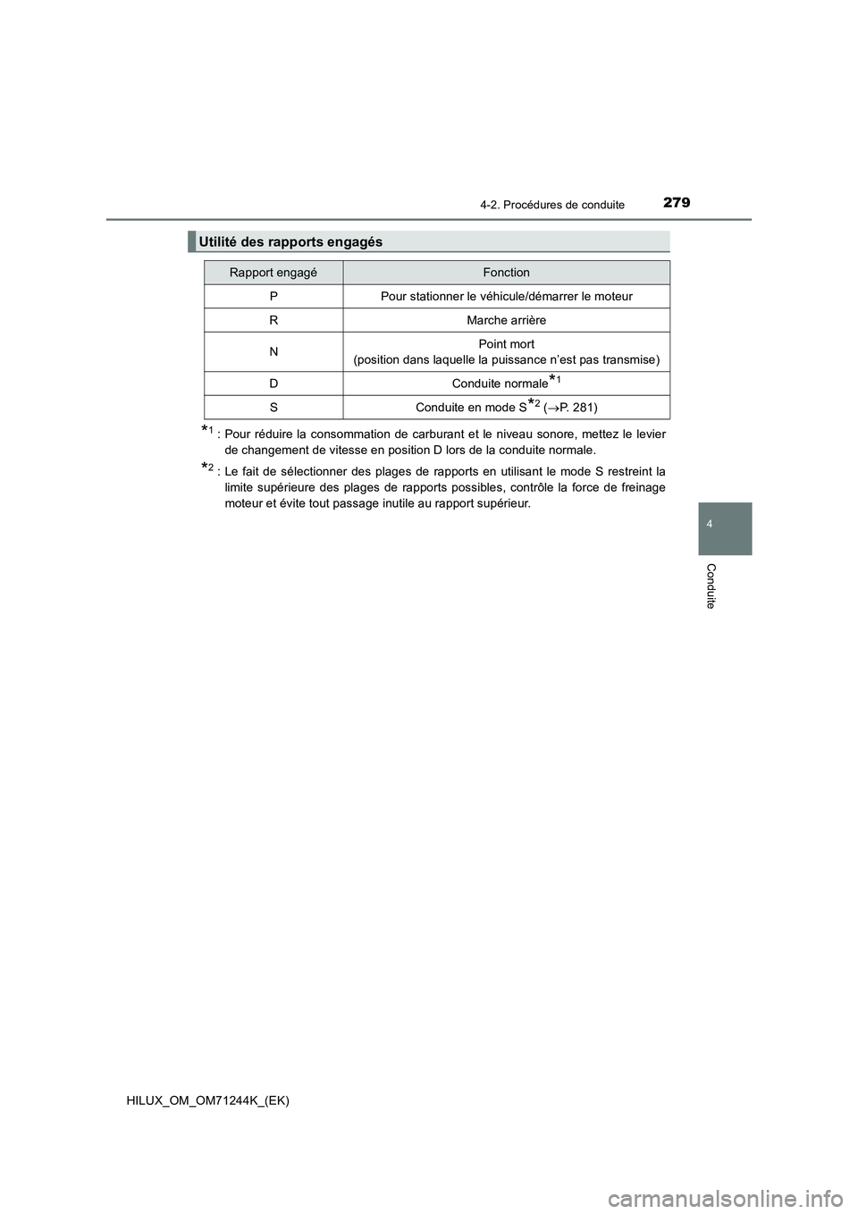 TOYOTA HILUX 2017  Notices Demploi (in French) 2794-2. Procédures de conduite
4
Conduite
HILUX_OM_OM71244K_(EK)
*1 : Pour réduire la consommation de carburant et le niveau sonore, mettez le levier
de changement de vitesse en position D lors de l