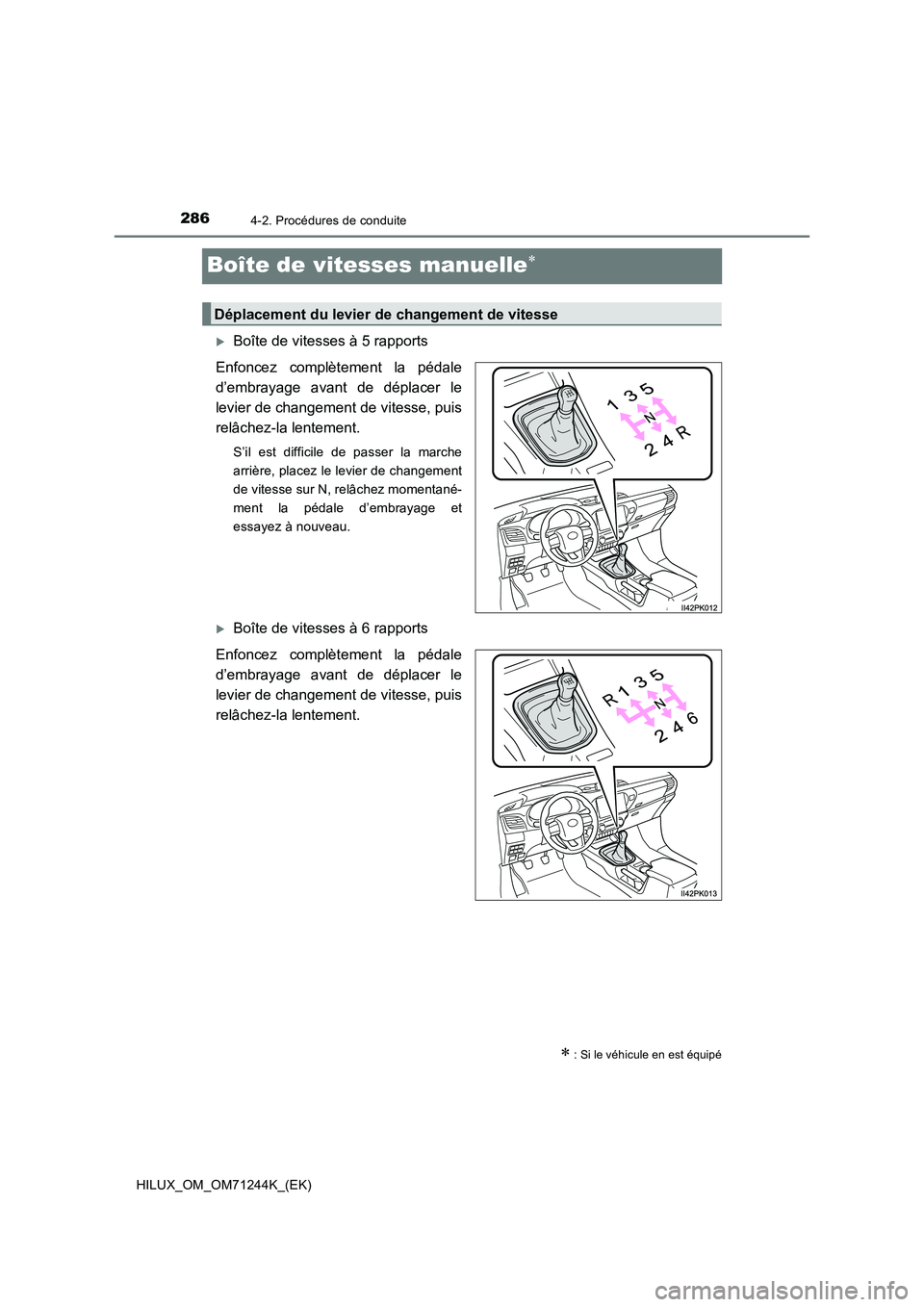 TOYOTA HILUX 2017  Notices Demploi (in French) 2864-2. Procédures de conduite
HILUX_OM_OM71244K_(EK)
Boîte de vitesses manuelle
Boîte de vitesses à 5 rapports
Enfoncez complètement la pédale
d’embrayage avant de déplacer le
levier d
