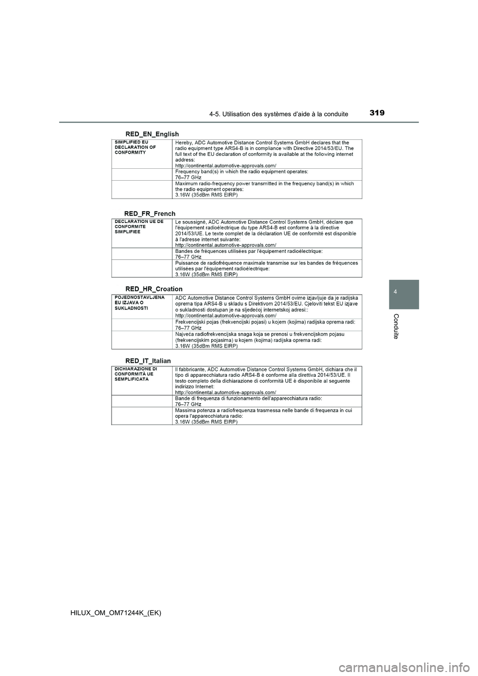 TOYOTA HILUX 2017  Notices Demploi (in French) 3194-5. Utilisation des systèmes d’aide à la conduite
4
Conduite
HILUX_OM_OM71244K_(EK) 