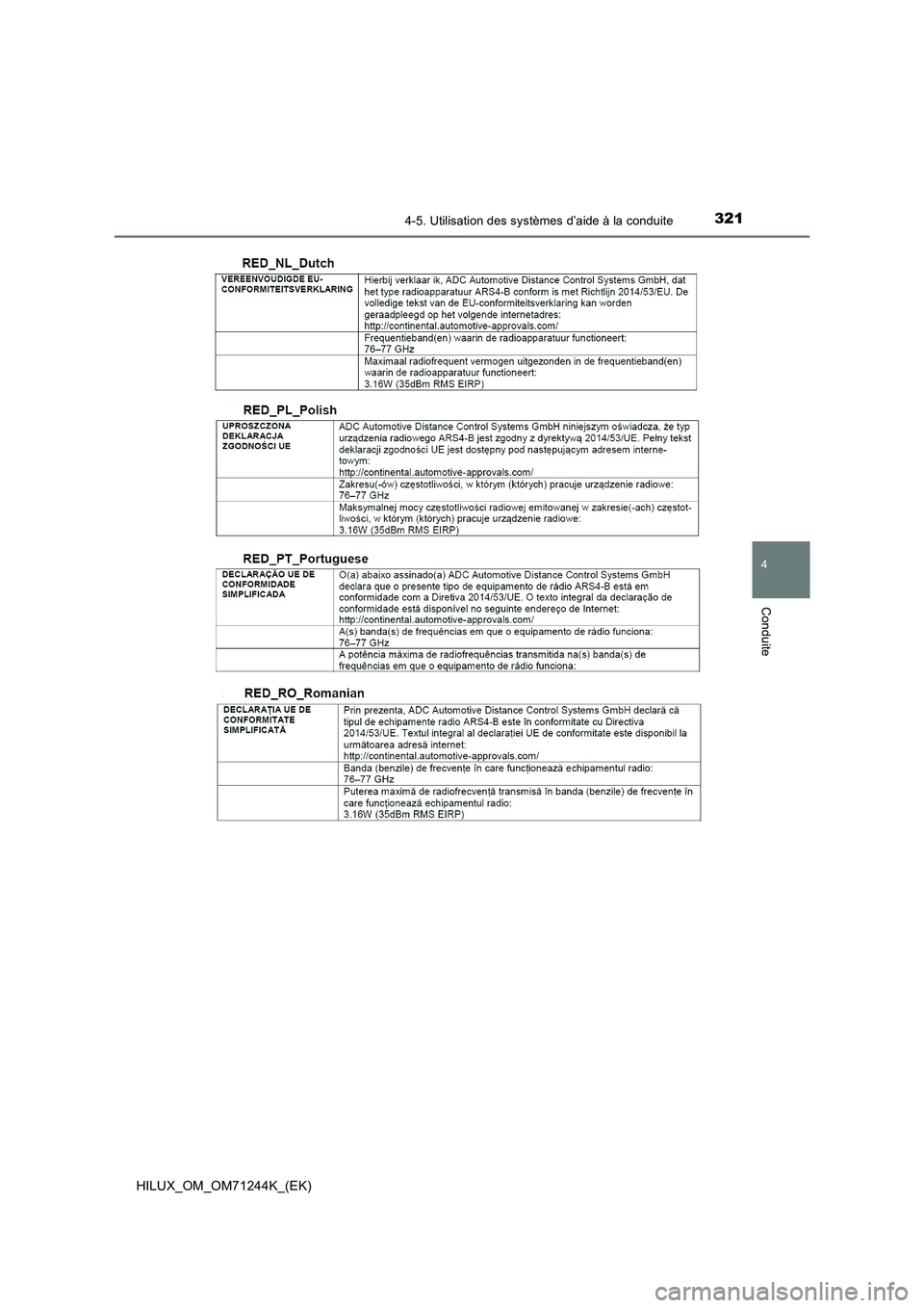 TOYOTA HILUX 2017  Notices Demploi (in French) 3214-5. Utilisation des systèmes d’aide à la conduite
4
Conduite
HILUX_OM_OM71244K_(EK) 