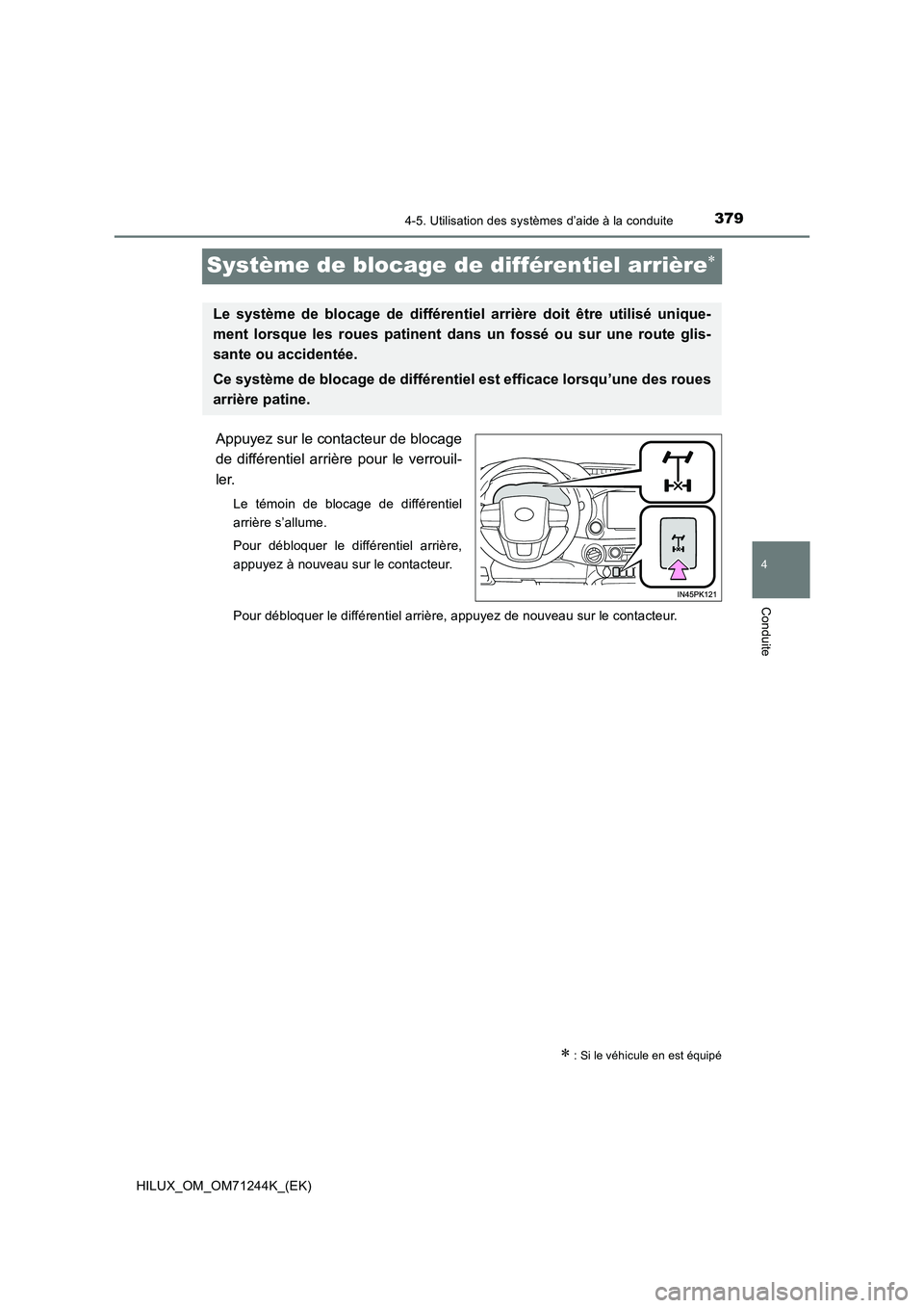 TOYOTA HILUX 2017  Notices Demploi (in French) 379
4
4-5. Utilisation des systèmes d’aide à la conduite
Conduite
HILUX_OM_OM71244K_(EK)
Système de blocage de différentiel arrière
Appuyez sur le contacteur de blocage
de différentiel arri