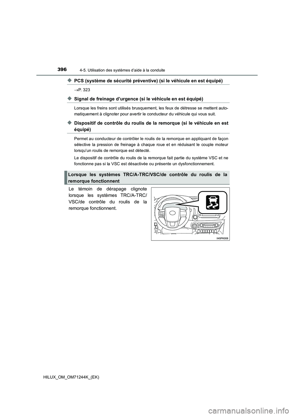 TOYOTA HILUX 2017 Notices Demploi (in French) 3964-5. Utilisation des systèmes d’aide à la conduite
HILUX_OM_OM71244K_(EK)
◆PCS (système de sécurité préventive) (si le véhicule en est équipé)
P. 3 2 3
◆Signal de freinage d’ur TOYOTA HILUX 2017 Notices Demploi (in French) 3964-5. Utilisation des systèmes d’aide à la conduite
HILUX_OM_OM71244K_(EK)
◆PCS (système de sécurité préventive) (si le véhicule en est équipé)
P. 3 2 3
◆Signal de freinage d’ur