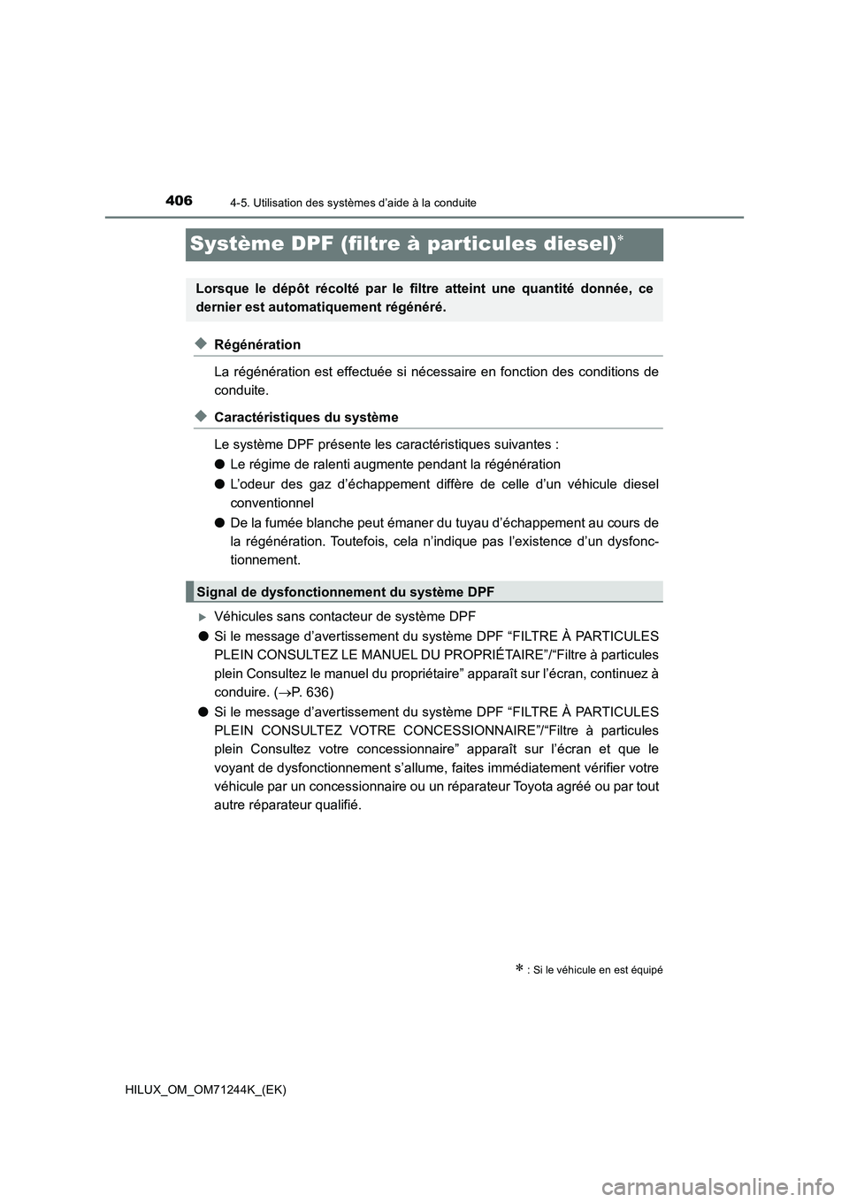 TOYOTA HILUX 2017 Notices Demploi (in French) 4064-5. Utilisation des systèmes d’aide à la conduite
HILUX_OM_OM71244K_(EK)
Système DPF (filtre à particules diesel)
◆Régénération
La régénération est effectuée si nécessaire en fo TOYOTA HILUX 2017 Notices Demploi (in French) 4064-5. Utilisation des systèmes d’aide à la conduite
HILUX_OM_OM71244K_(EK)
Système DPF (filtre à particules diesel)
◆Régénération
La régénération est effectuée si nécessaire en fo
