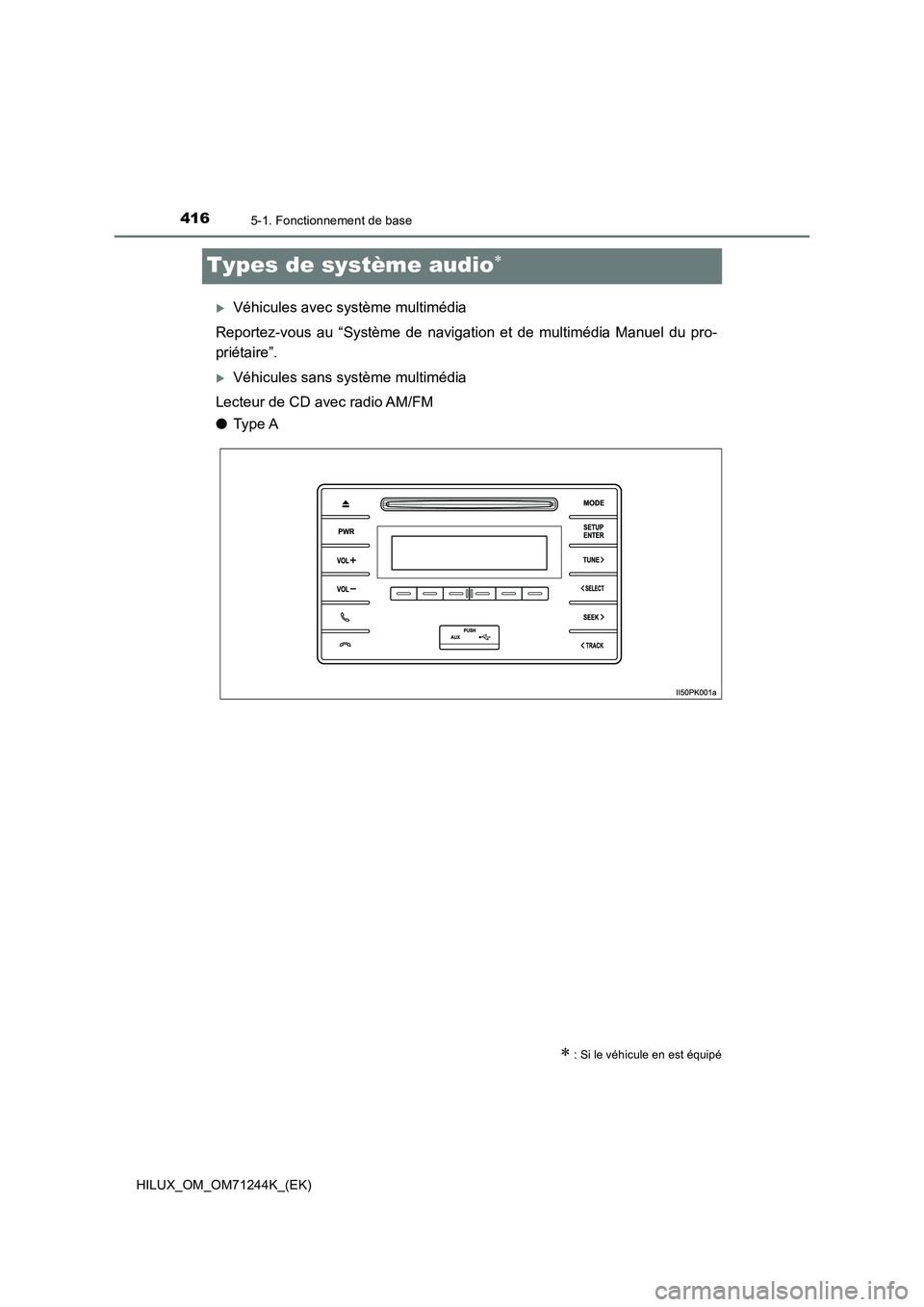 TOYOTA HILUX 2017  Notices Demploi (in French) 4165-1. Fonctionnement de base
HILUX_OM_OM71244K_(EK)
Types de système audio
Véhicules avec système multimédia
Reportez-vous au “Système de navigation et de multimédia Manuel du pro-
pri