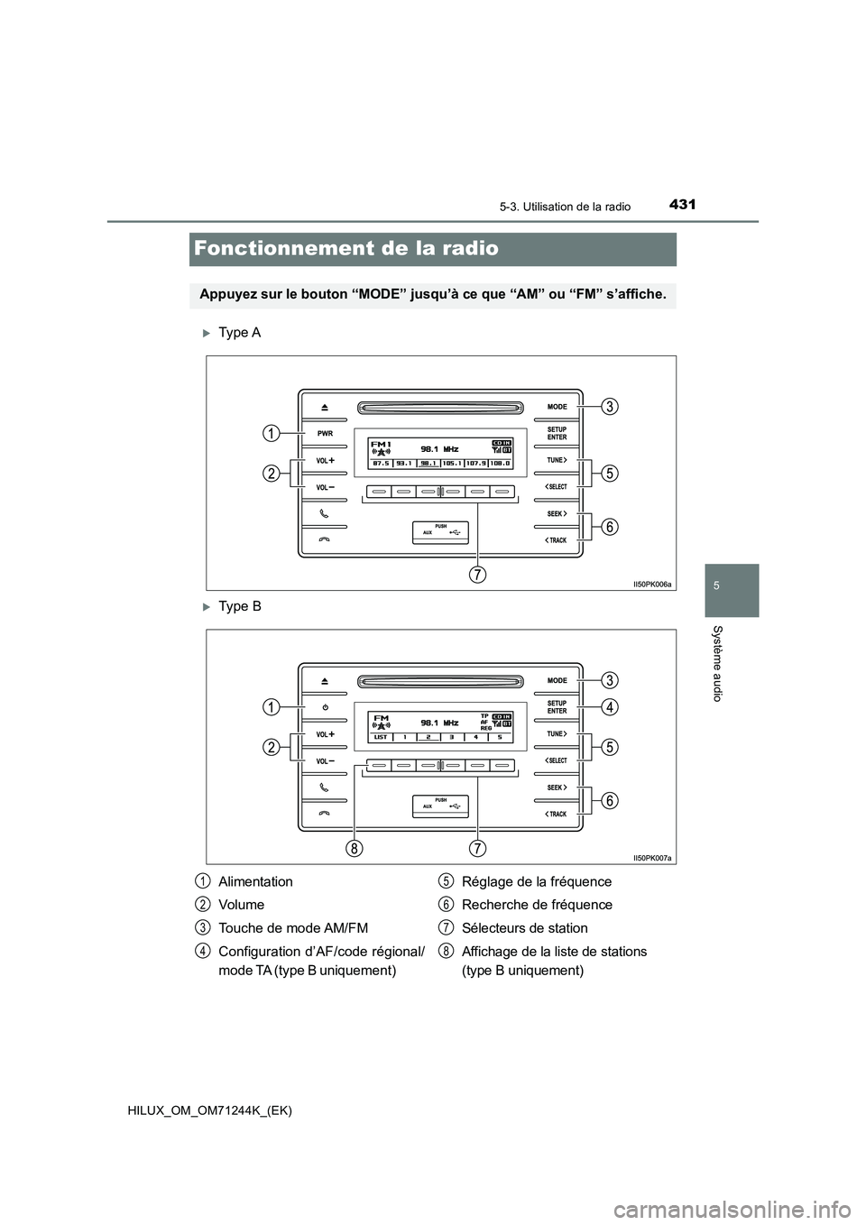 TOYOTA HILUX 2017  Notices Demploi (in French) 431
5
5-3. Utilisation de la radio
Système audio
HILUX_OM_OM71244K_(EK)
Fonctionnement de la radio
Type A
Type B
Appuyez sur le bouton “MODE” jusqu’à ce que “AM” ou “FM” s’affi