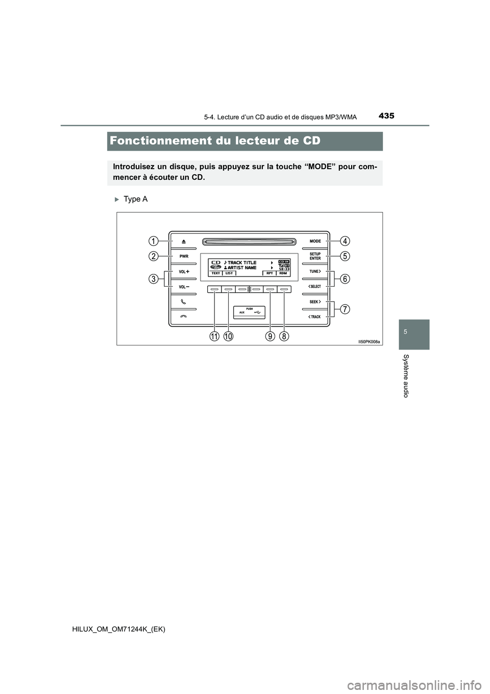 TOYOTA HILUX 2017  Notices Demploi (in French) 435
5
5-4. Lecture d’un CD audio et de disques MP3/WMA
Système audio
HILUX_OM_OM71244K_(EK)
Fonctionnement du lecteur de CD
Type A
Introduisez un disque, puis appuyez sur la touche “MODE” po
