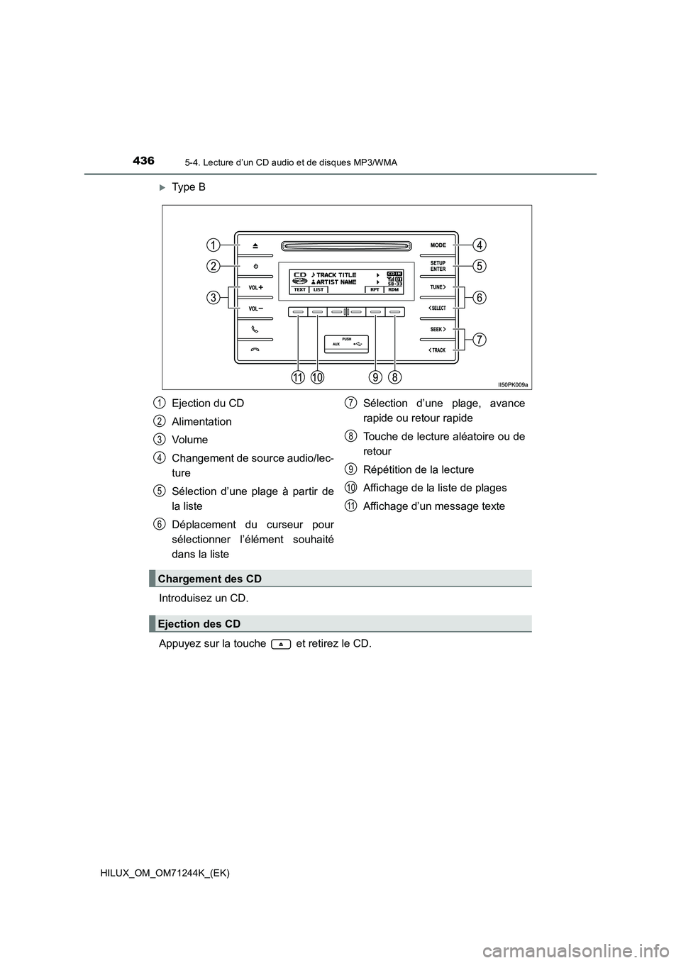 TOYOTA HILUX 2017  Notices Demploi (in French) 4365-4. Lecture d’un CD audio et de disques MP3/WMA
HILUX_OM_OM71244K_(EK)
Type B
Introduisez un CD.
Appuyez sur la touche   et retirez le CD.
Ejection du CD
Alimentation
Volume
Changement de sou