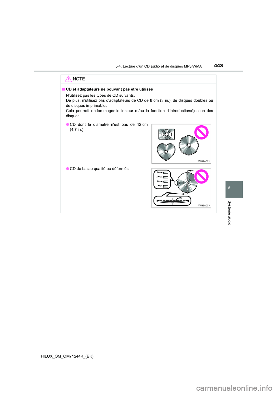 TOYOTA HILUX 2017  Notices Demploi (in French) 4435-4. Lecture d’un CD audio et de disques MP3/WMA
5
Système audio
HILUX_OM_OM71244K_(EK)
NOTE
■CD et adaptateurs ne pouvant pas être utilisés 
N’utilisez pas les types de CD suivants.  
De 